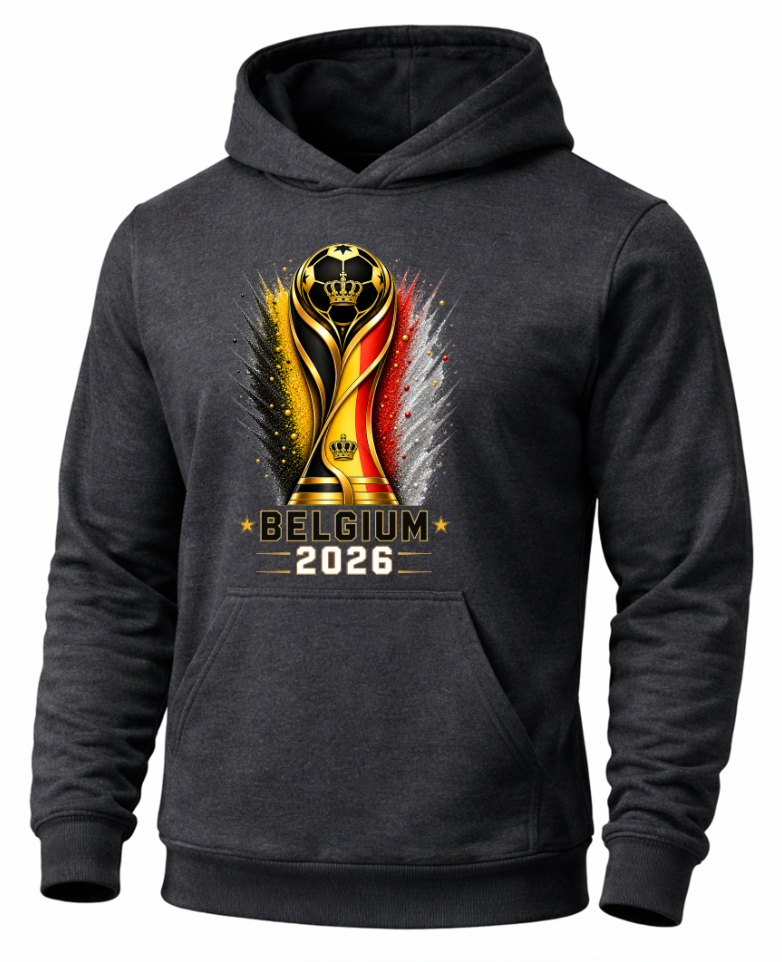 Black hoodie with Belgium 2026 World Cup trophy design on a white background