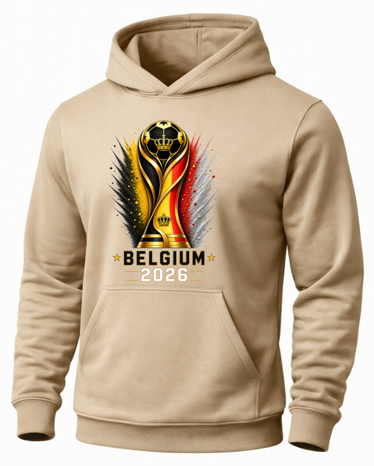 Beige hoodie with Belgium 2026 design on a white background