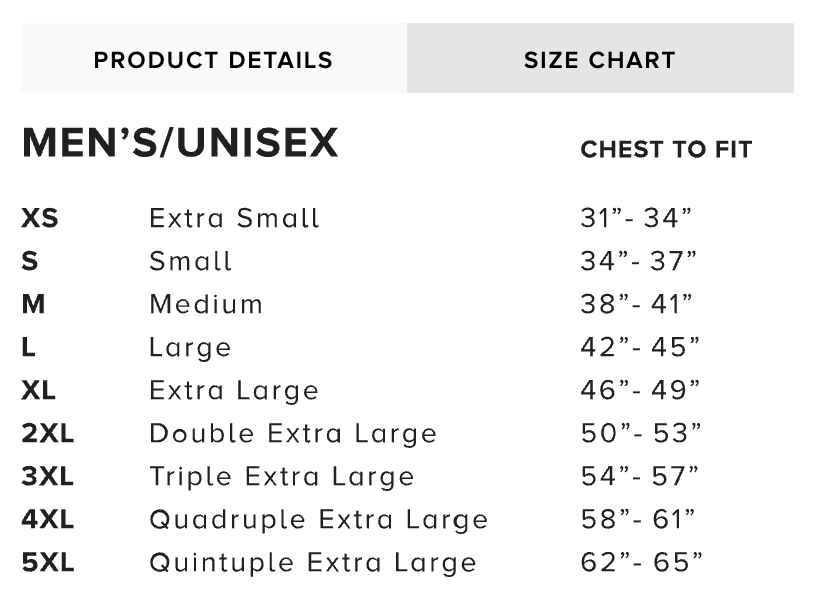 Size chart for men's/unisex clothing with chest measurements.