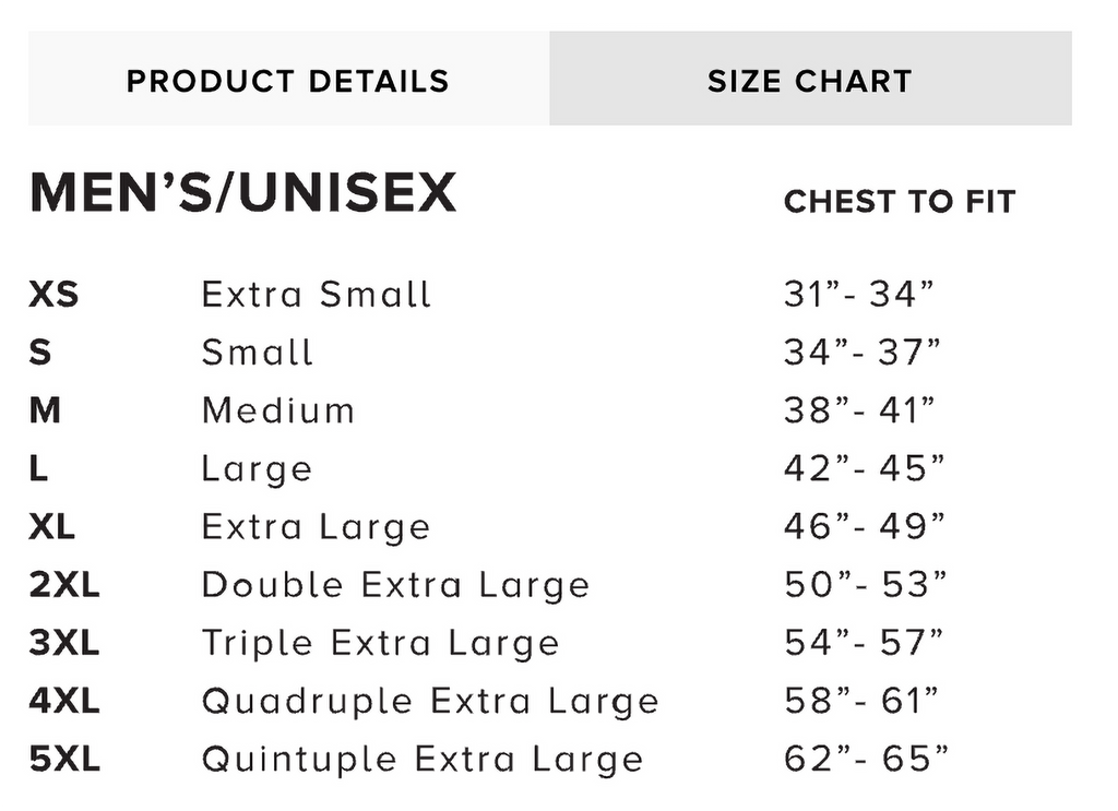 A size chart table for men's/unisex clothing showing chest-to-fit measurements from XS to 5XL on a white background with light gray headers.