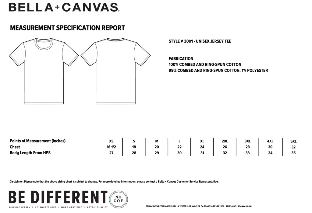 Measurement specification report for Bella+Canvas t-shirt with fabric details and sizing chart.