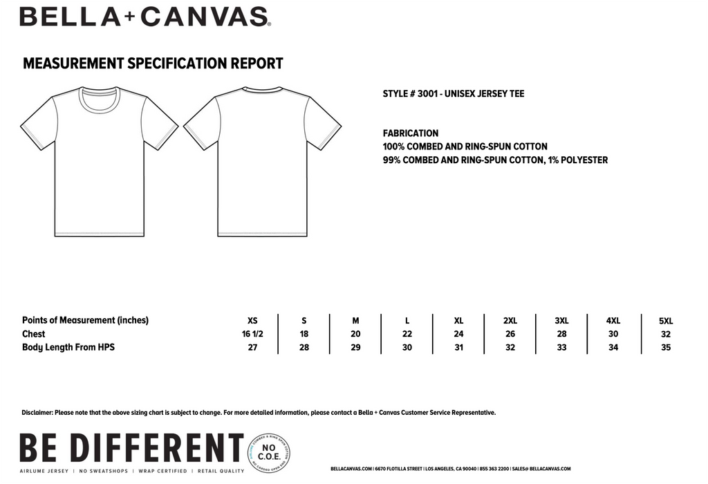 Measurement specification report for a Bella + Canvas style #3001 unisex jersey tee, showing front and back garment outlines and a size chart from XS to 5XL with measurements in inches.
