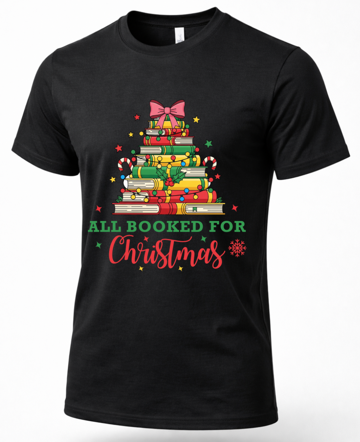 Black All Booked for Christmas graphic tee featuring a colorful Christmas tree made from stacked books.
