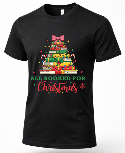 Black All Booked for Christmas graphic tee featuring a colorful Christmas tree made from stacked books.