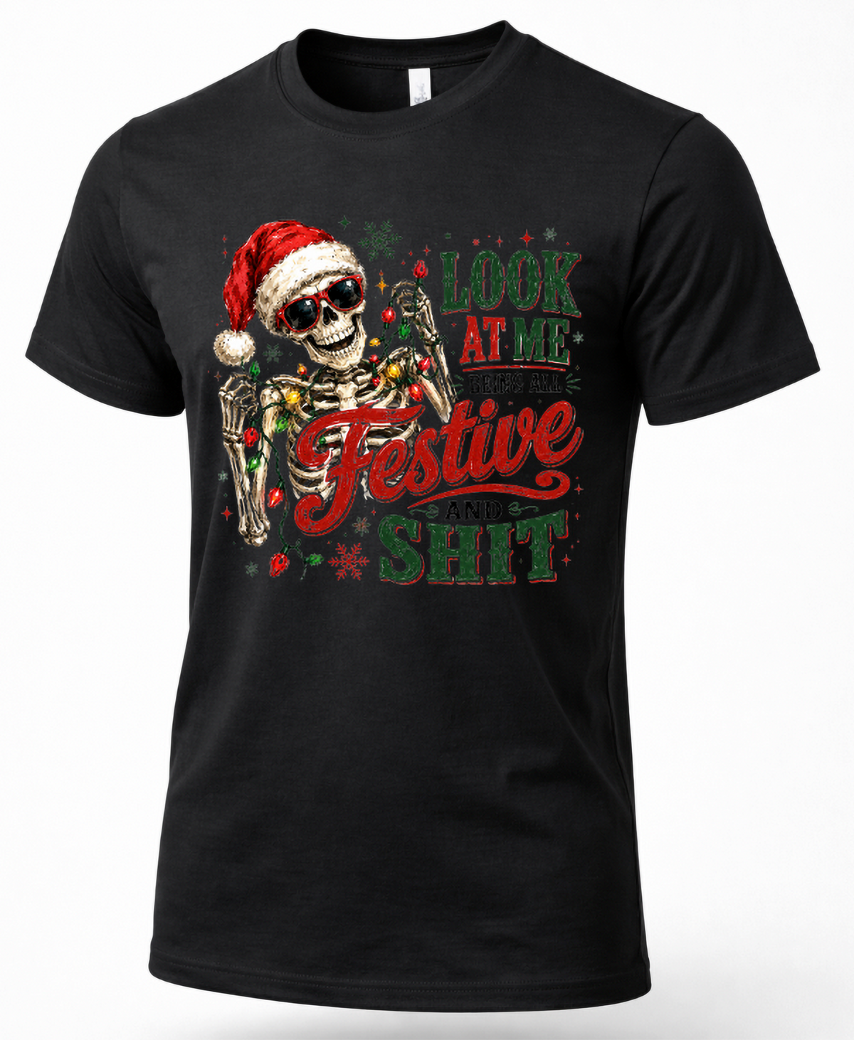 Black product: Black funny Christmas shirt featuring Santa skeleton in sunglasses wrapped in colorful Christmas lights.