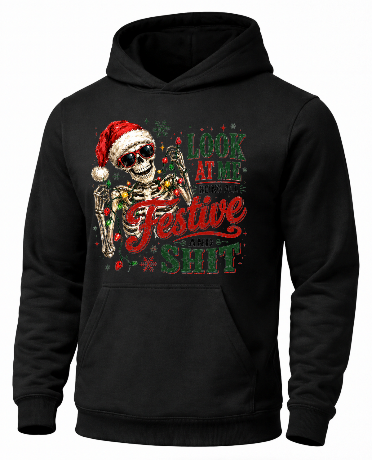 Black Christmas skeleton hoodie with Santa skull and holiday lights graphic