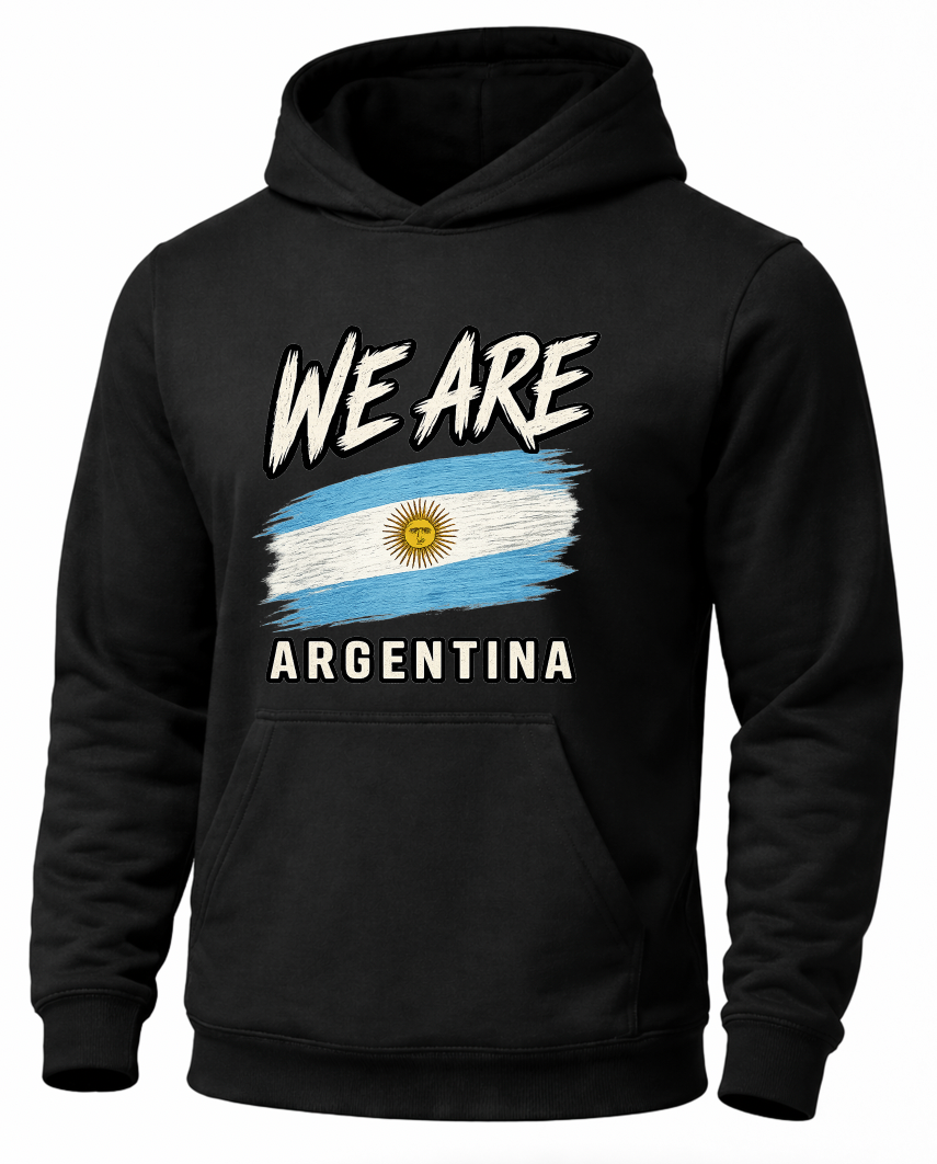 A black pullover hoodie featuring a distressed graphic of the Argentina flag with the text 'WE ARE' above and 'ARGENTINA' below, displayed on a clean white background.