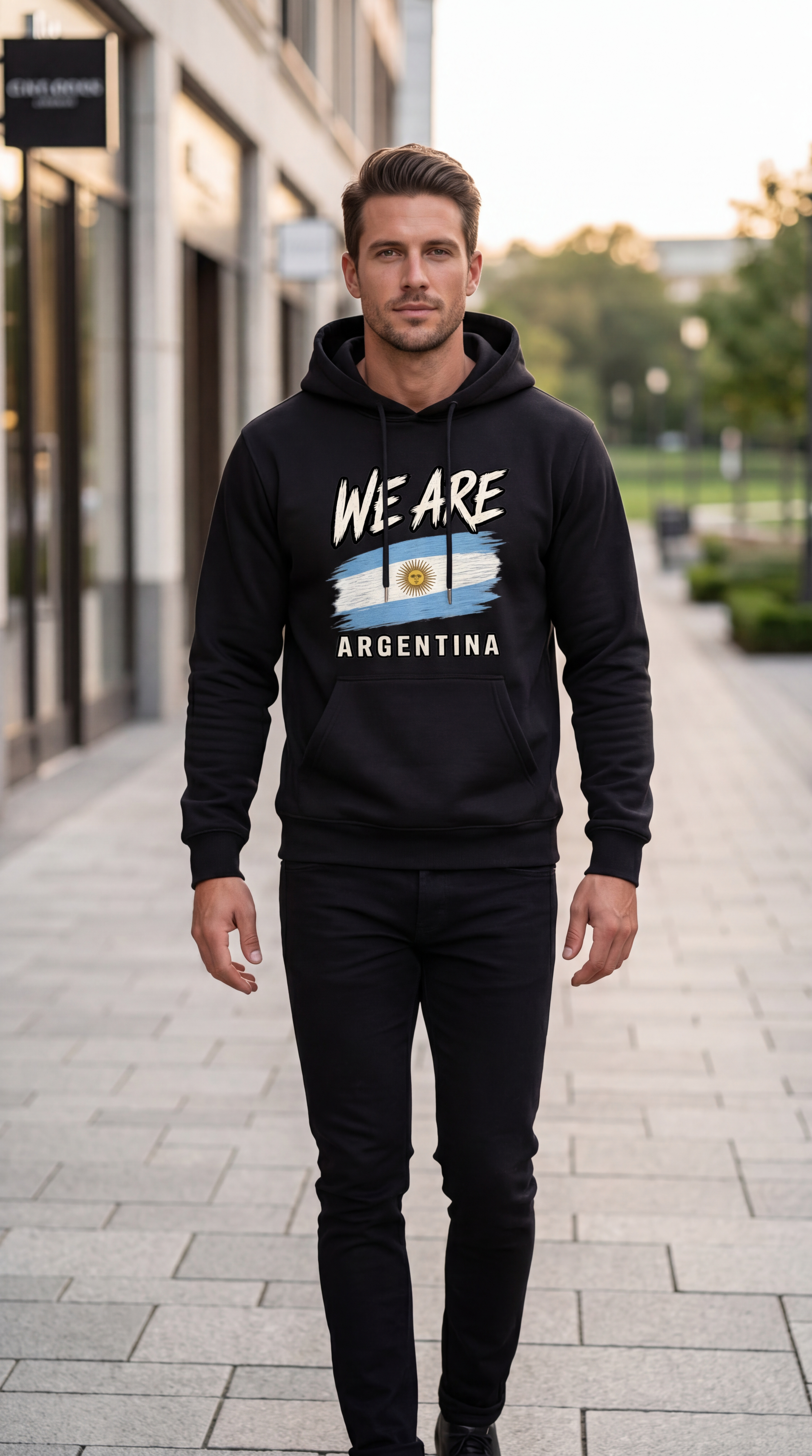 A man walking on a paved outdoor path wearing a black hoodie with a graphic print that reads 'WE ARE ARGENTINA' above and below an Argentina flag design. The background shows a softly blurred urban walkway with buildings and trees.