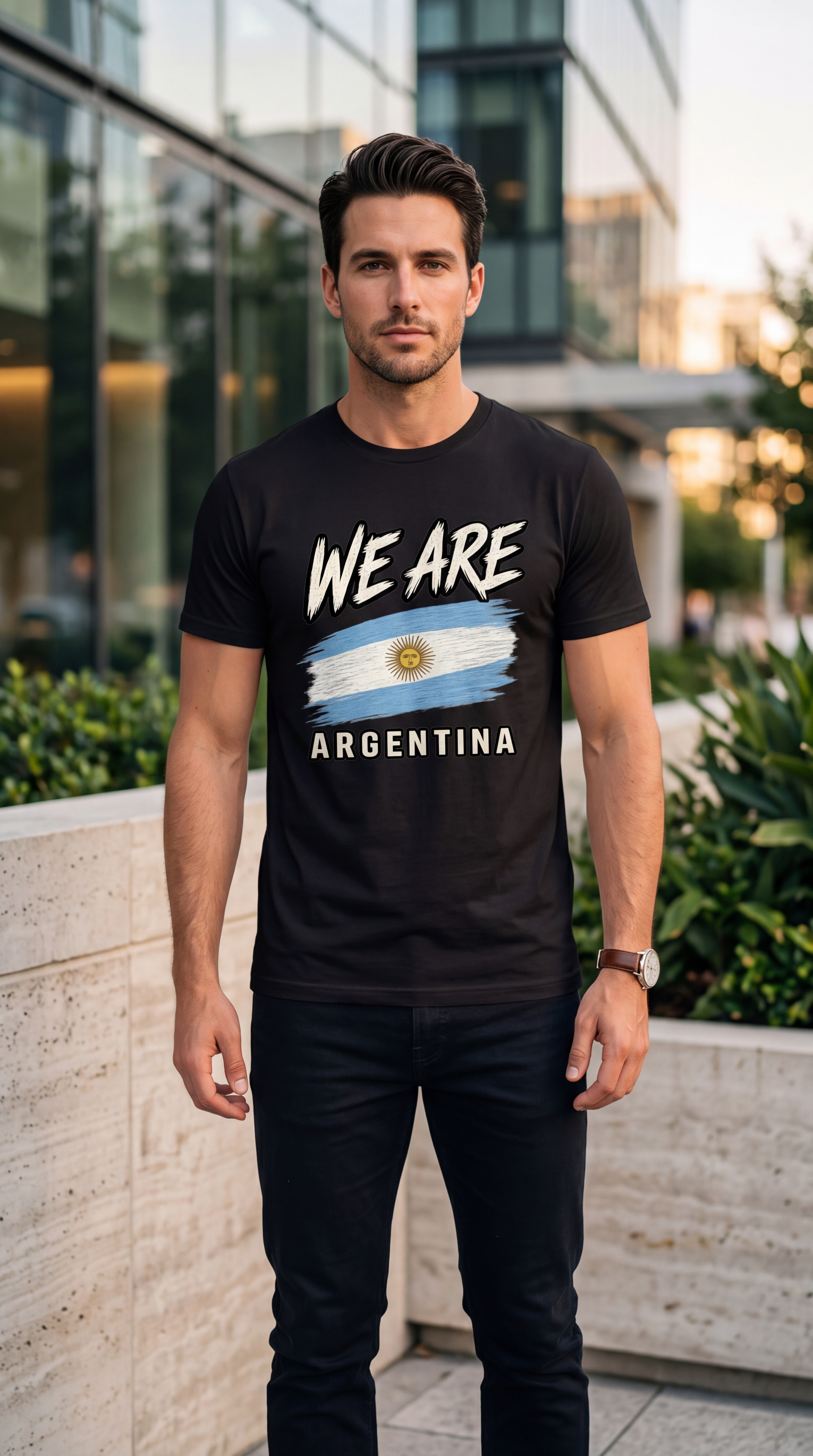 A man wearing a black graphic t-shirt with 'WE ARE ARGENTINA' and the Argentine flag printed on the front, standing outdoors in front of a modern glass building.