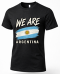A black short-sleeve crewneck t-shirt featuring a distressed graphic print of the Argentine flag and the text 'WE ARE ARGENTINA' in white.