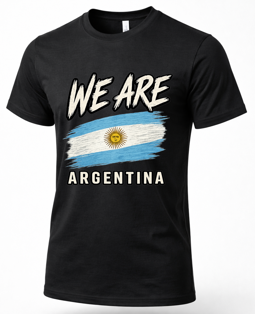 A black short-sleeve crewneck t-shirt featuring a distressed graphic print of the Argentine flag and the text 'WE ARE ARGENTINA' in white.