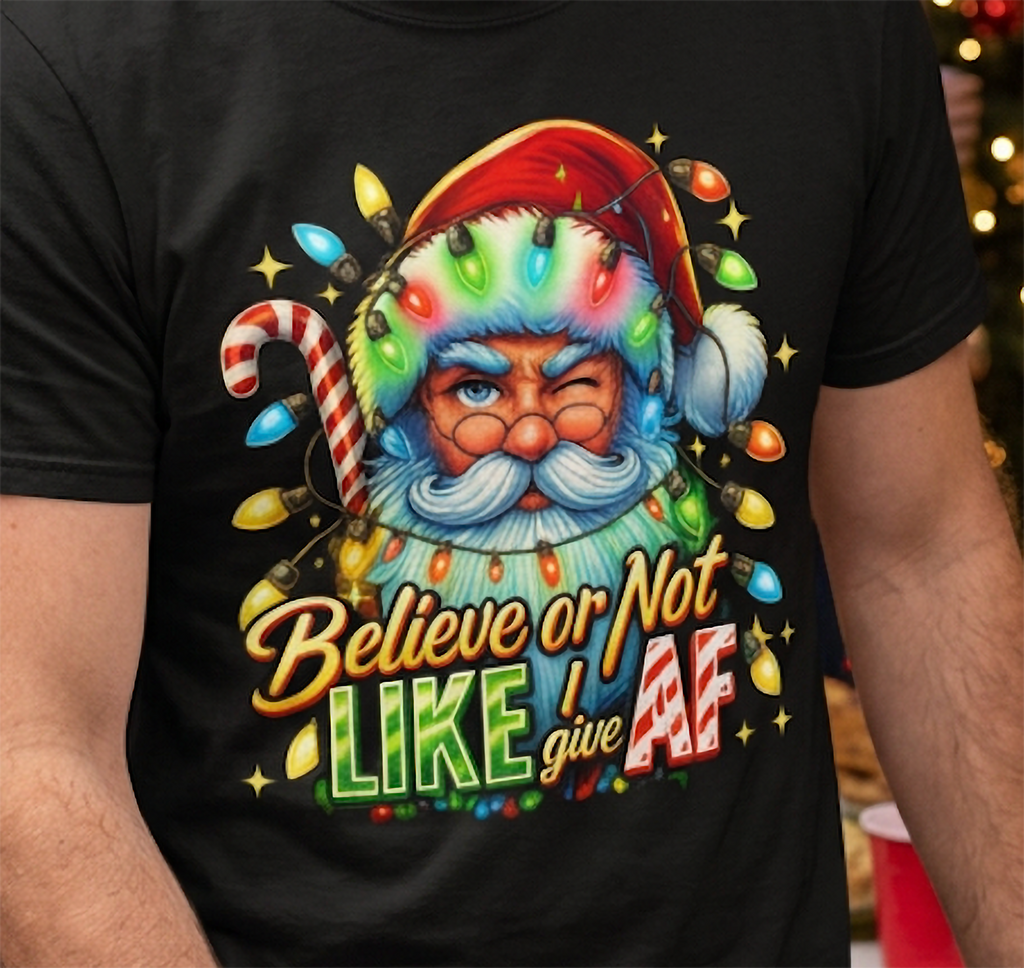 Black Close-Up: Close-up of the Believe or Not Like I Give AF Santa Christmas design on black fabric featuring colorful lights and a candy cane.