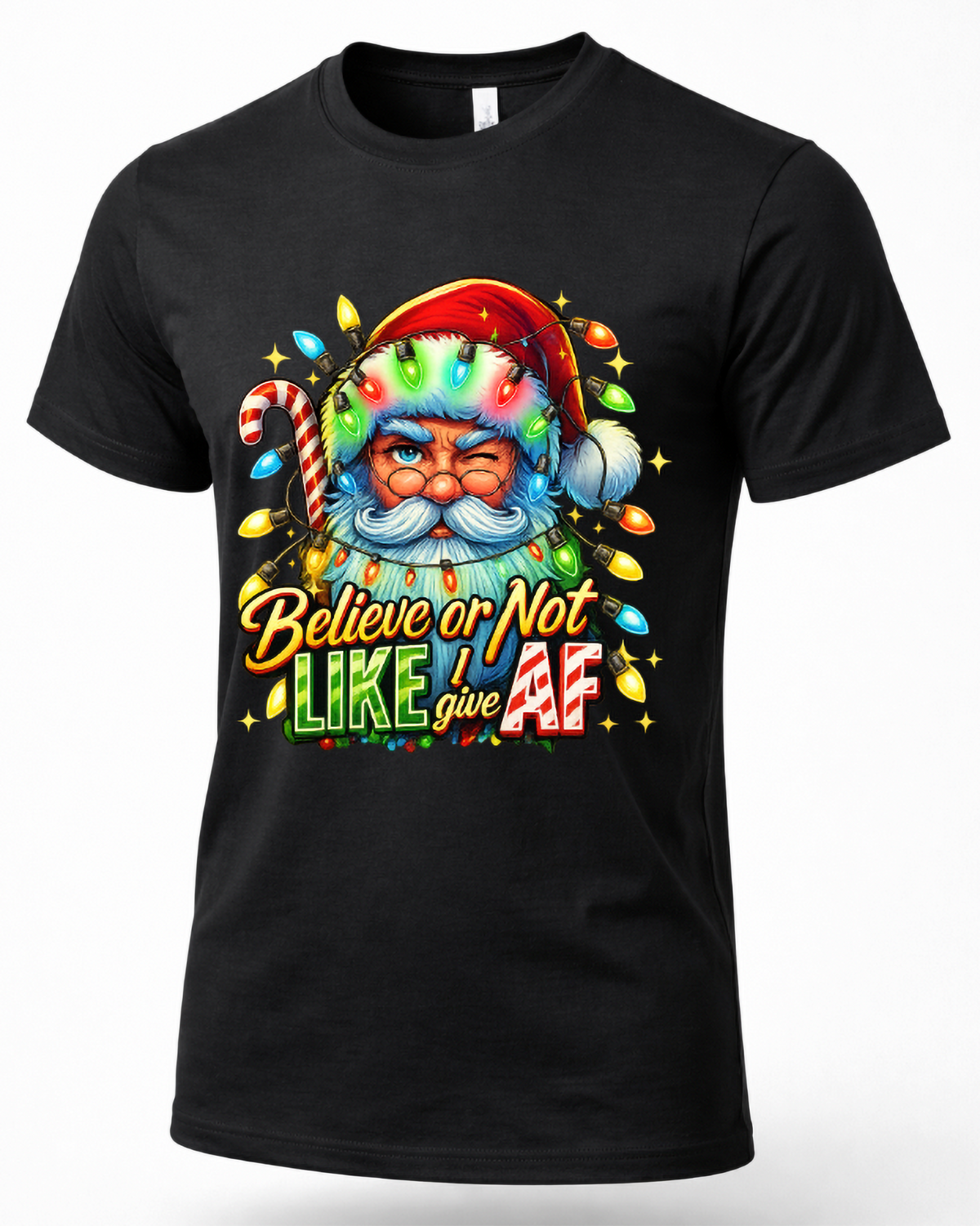 Black Mockup: Black unisex funny Christmas t-shirt featuring a winking Santa Claus wrapped in colorful Christmas lights with sarcastic holiday lettering.