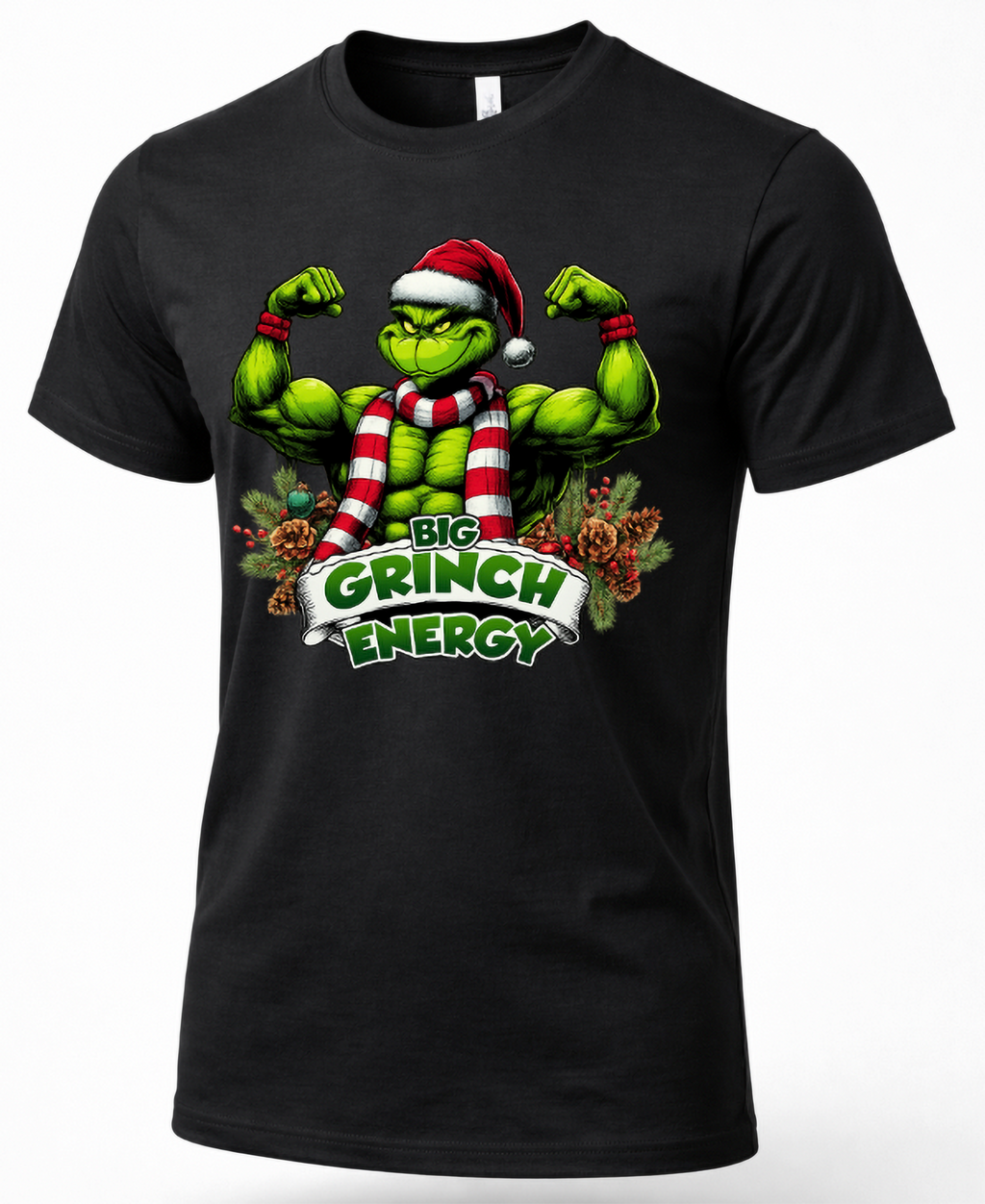 Black Big Grinch Energy Christmas graphic t-shirt featuring a muscular Grinch flexing his arms with festive holiday decorations.