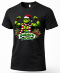 Black Big Grinch Energy Christmas graphic t-shirt featuring a muscular Grinch flexing his arms with festive holiday decorations.