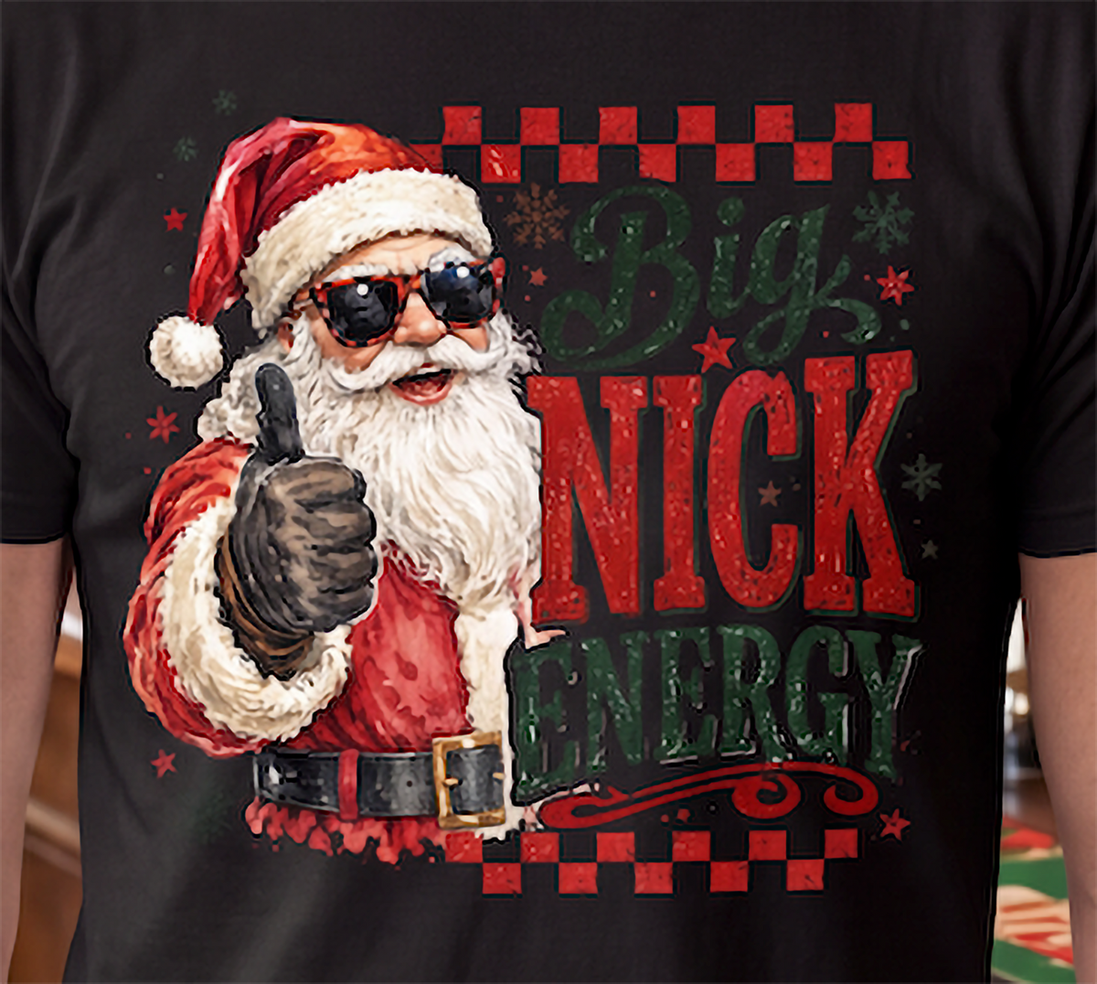 Close-up of Big Nick Energy funny Santa Christmas shirt design on black