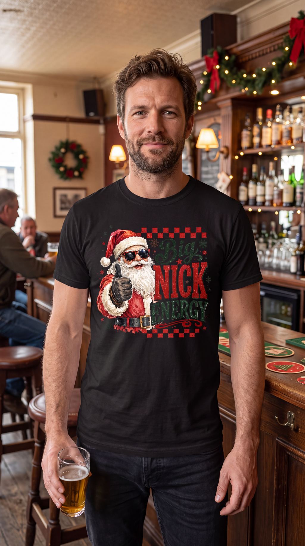 Model wearing black Big Nick Energy funny Santa Christmas shirt