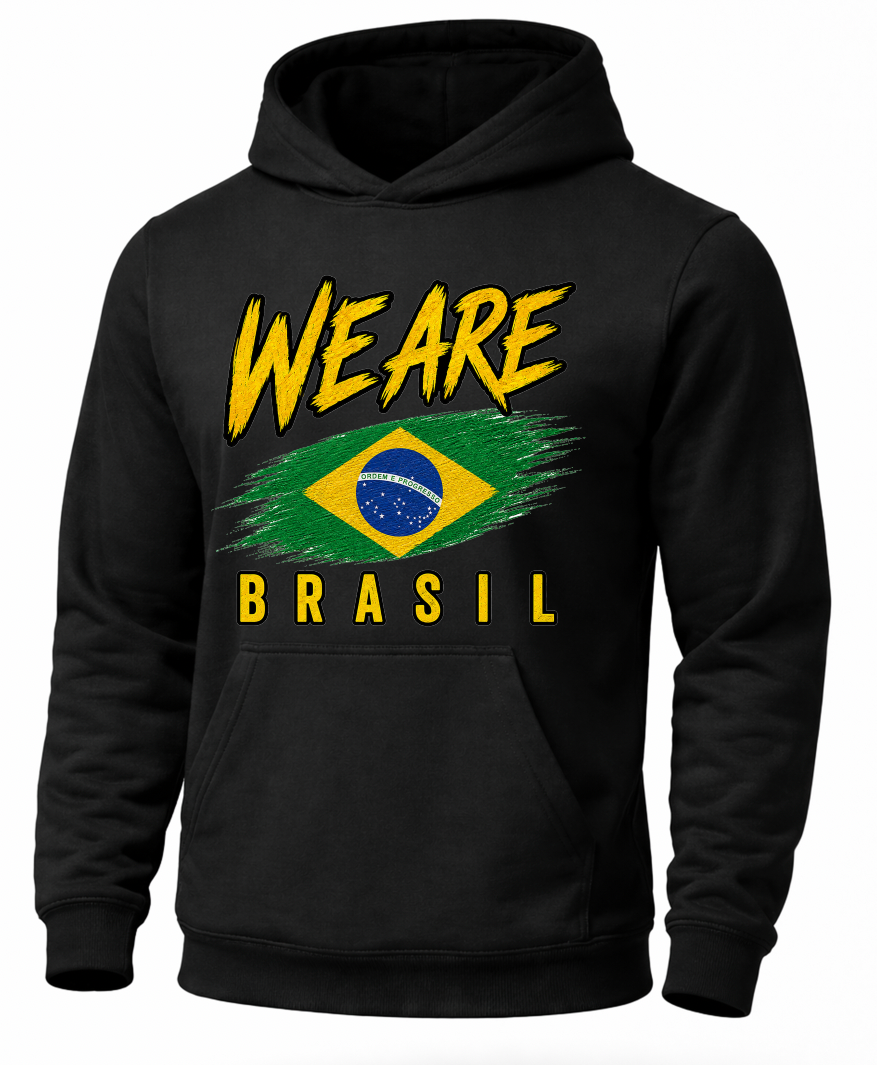 A black pullover hoodie featuring a distressed yellow graphic that reads 'WE ARE BRASIL' with a Brazilian flag design in the center, shown on a plain white background.