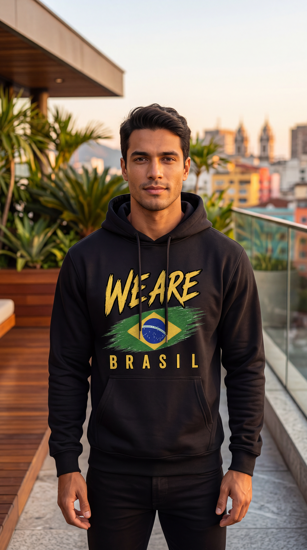 A man wearing a black hoodie with a 'WE ARE BRASIL' graphic featuring the Brazilian flag, standing on a modern outdoor balcony with a city skyline in the background.