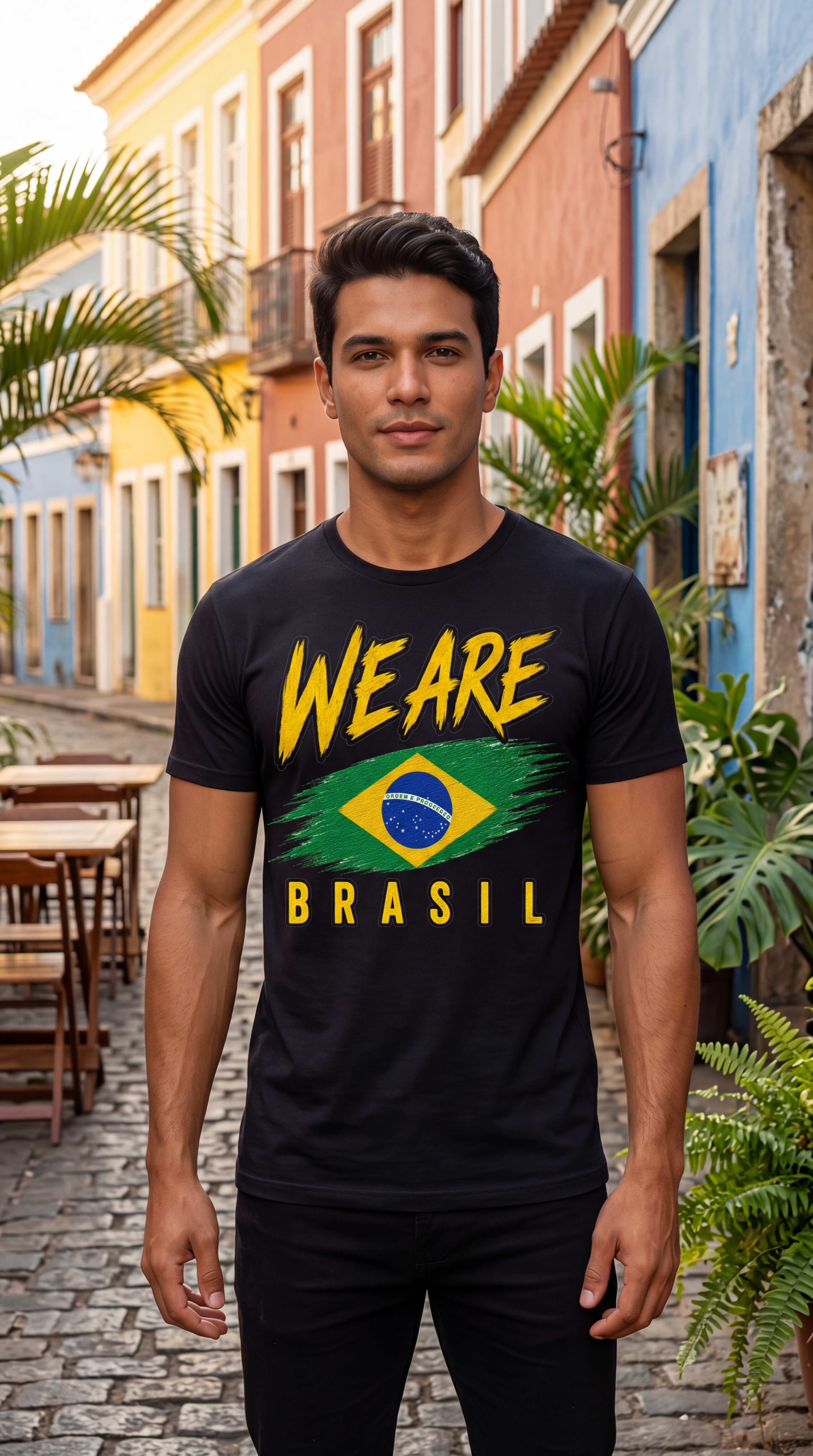 A man wearing a black graphic t-shirt with 'WE ARE BRASIL' in yellow text and a Brazilian flag design, standing on a cobblestone street in front of colorful colonial-style buildings.