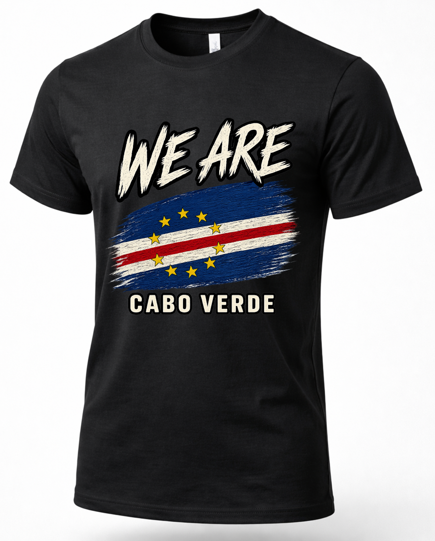 A black short-sleeve t-shirt with a graphic print featuring the text 'WE ARE' above a stylized Cabo Verde flag and 'Cabo Verde' below, shown on a plain white background.
