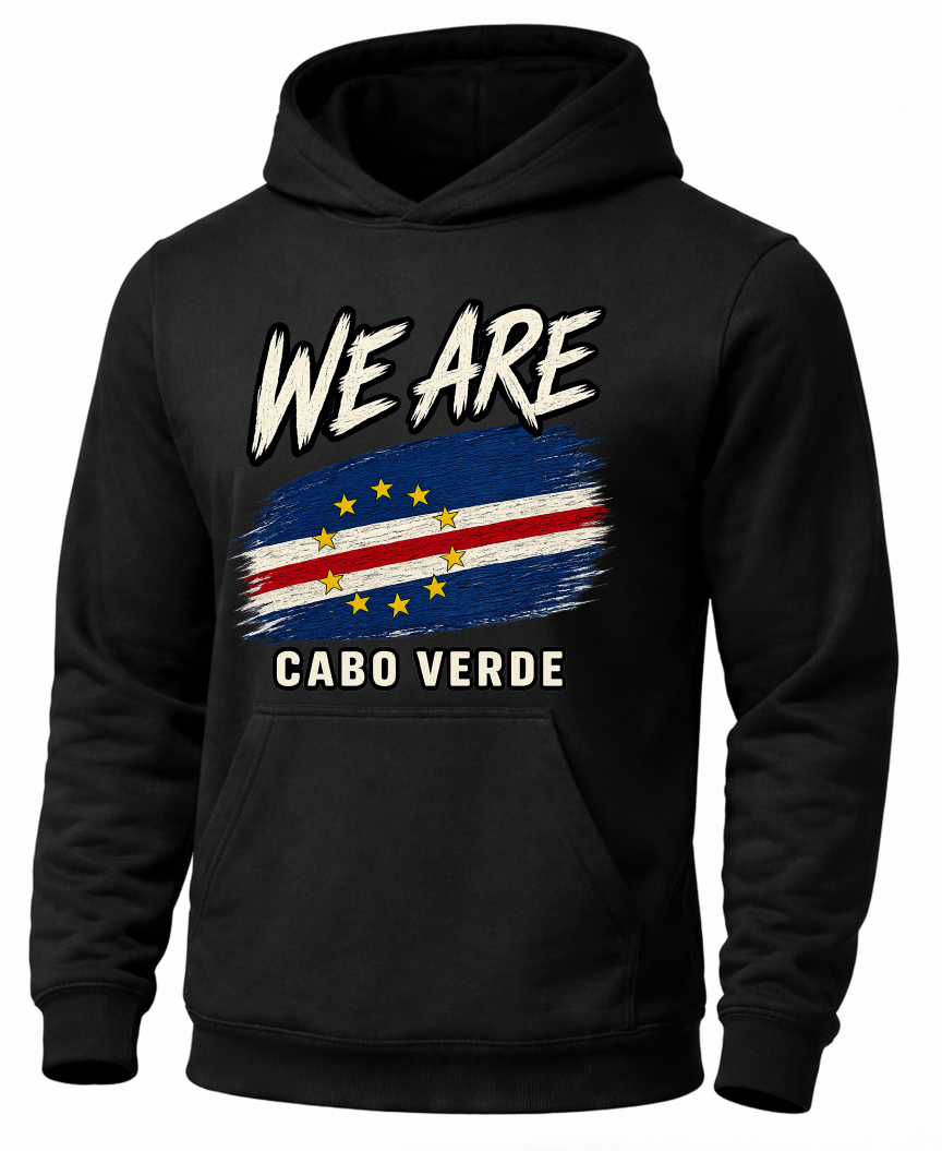 A black pullover hoodie featuring a graphic print of the Costa Rican flag with the text 'WE ARE' above and 'CABO VERDE' below, shown on a plain white background.