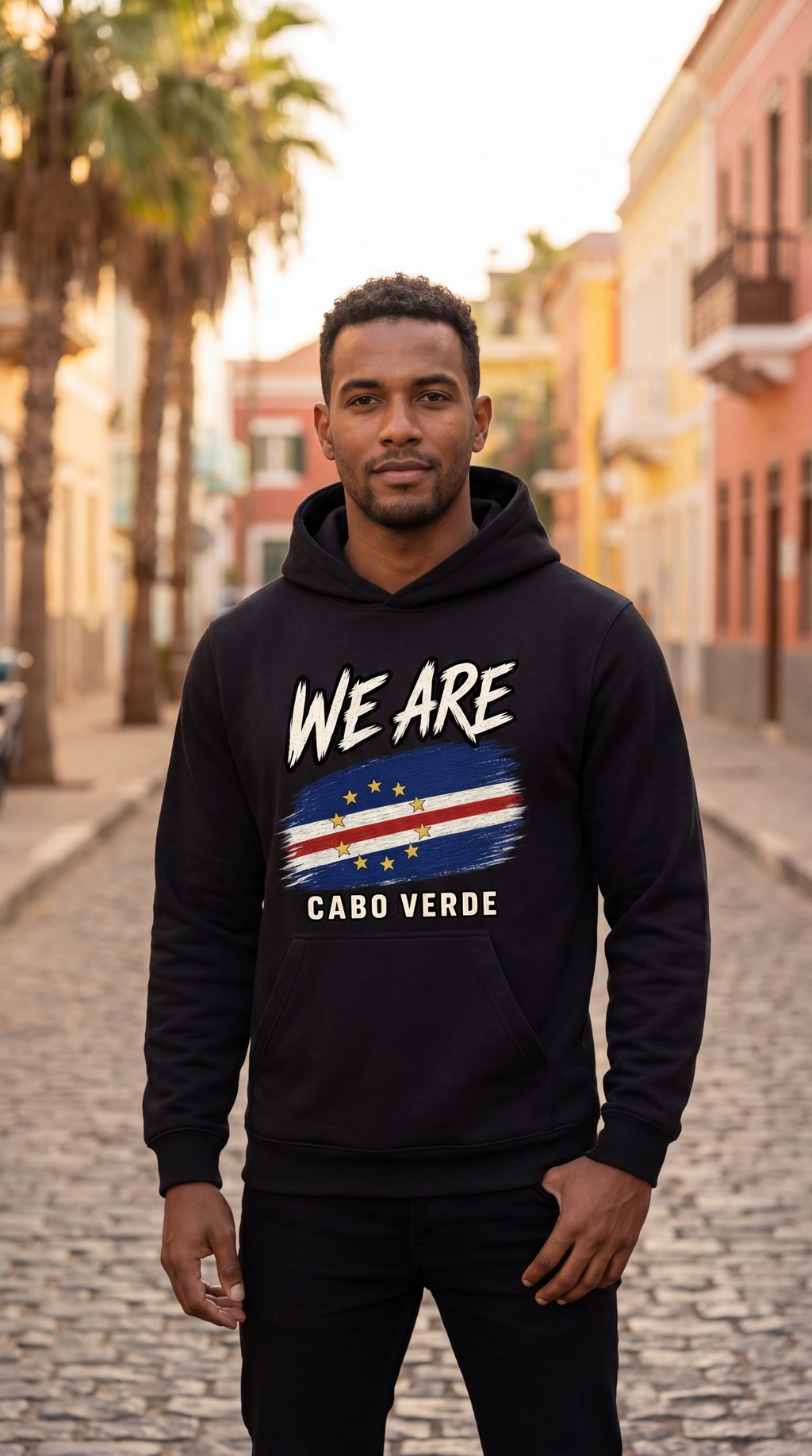 A man wearing a black hoodie with a graphic print that reads 'WE ARE CABO VERDE' above and below a stylized Cabo Verde flag, standing on a cobblestone street.