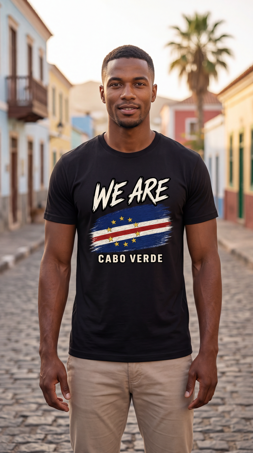 A man standing on a cobblestone street wearing a black t-shirt with a graphic of the Cabo Verde flag and the text 'WE ARE CABO VERDE'.