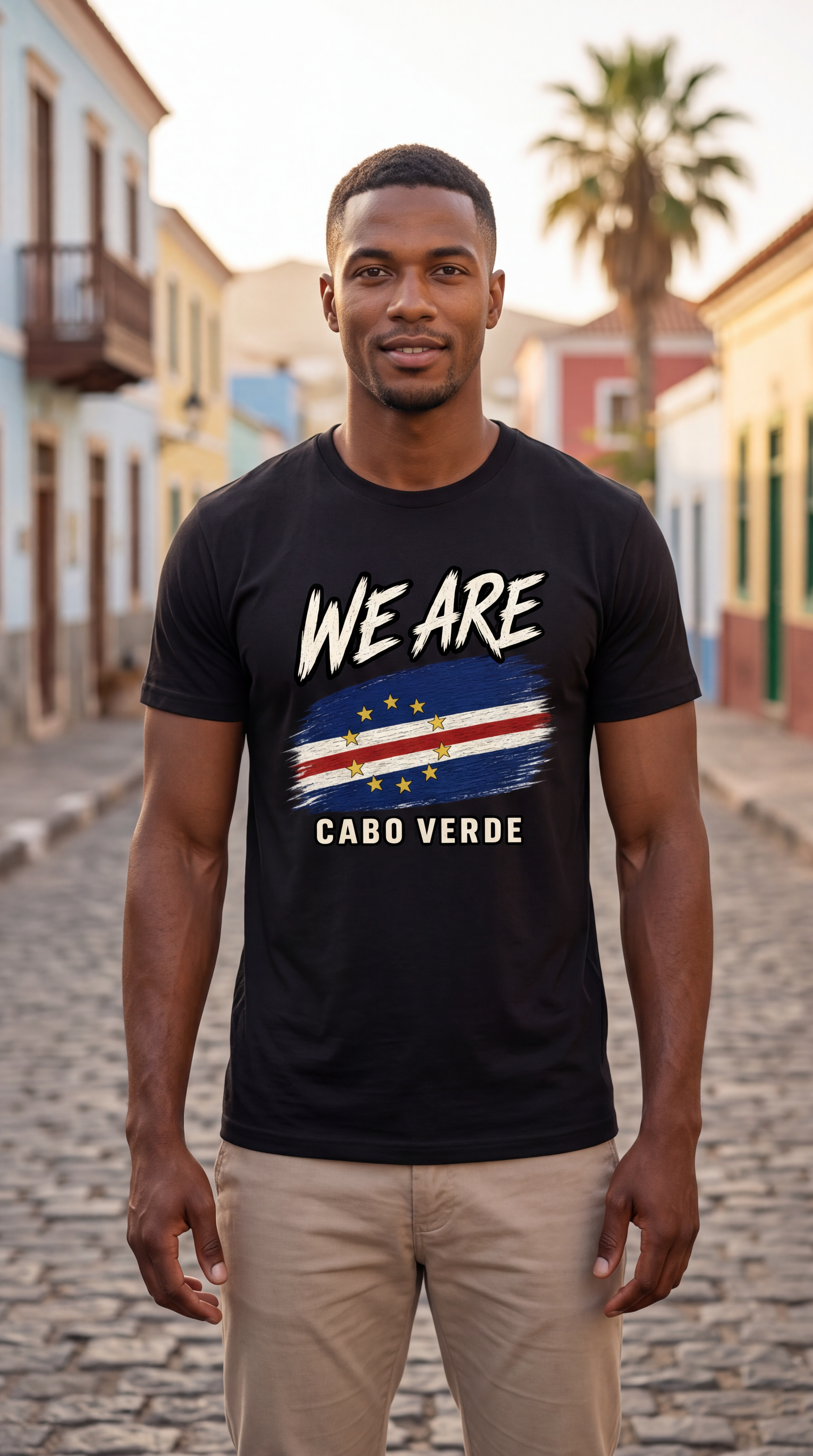 A man standing on a cobblestone street wearing a black t-shirt with a graphic of the Cabo Verde flag and the text 'WE ARE CABO VERDE'.