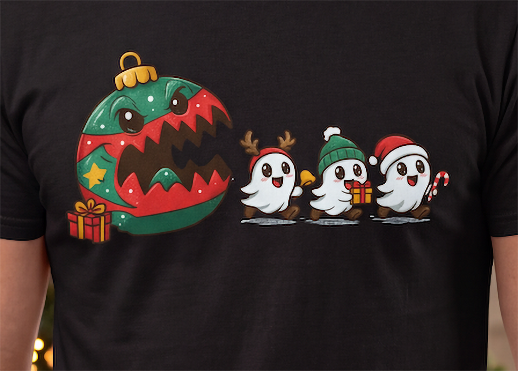Close-up of black Christmas ghost shirt with cute festive ghosts being chased by a giant ornament.