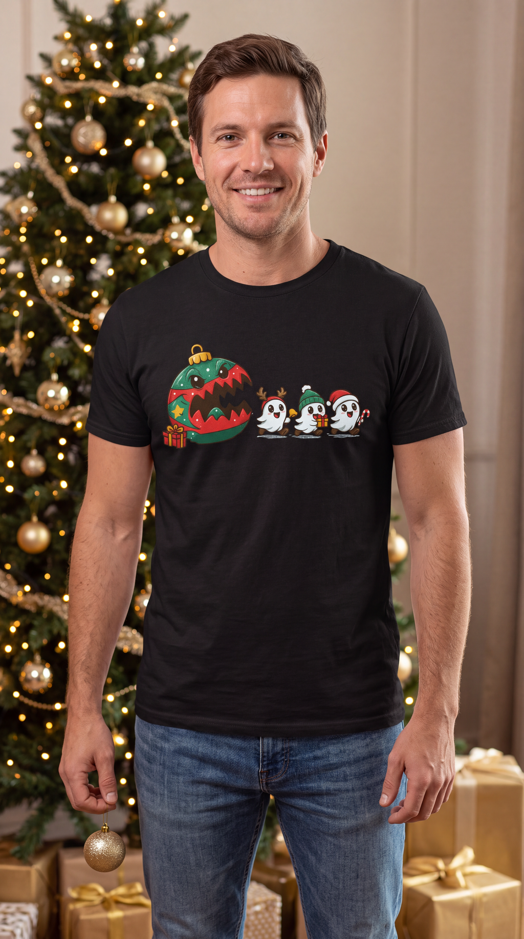 Man wearing black cute Christmas ghost shirt featuring festive ghosts and a giant Christmas ornament.