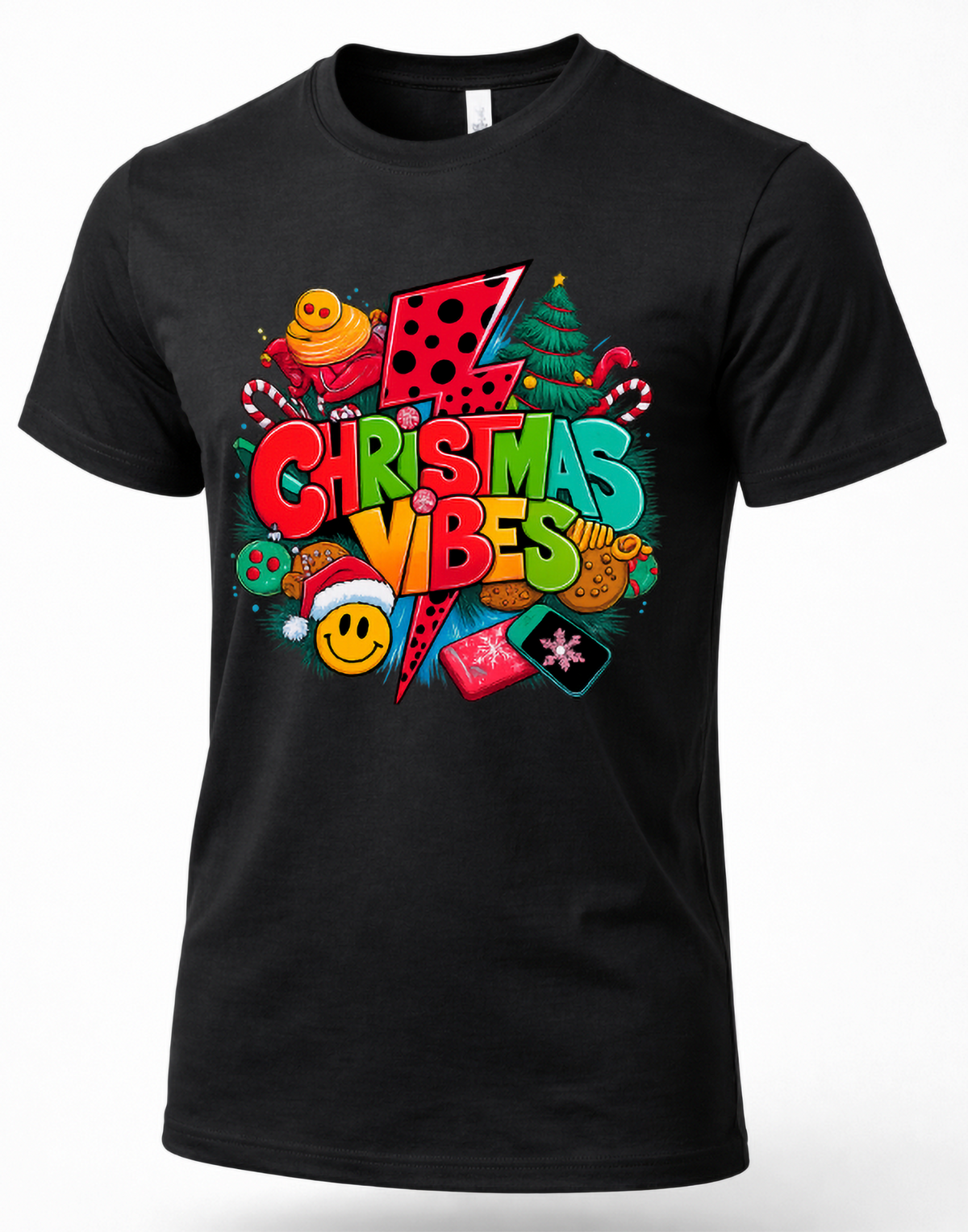 Black Mockup: Black unisex Christmas Vibes graphic t-shirt featuring colorful holiday lettering, lightning bolt, Christmas tree, candy canes, and festive decorations.