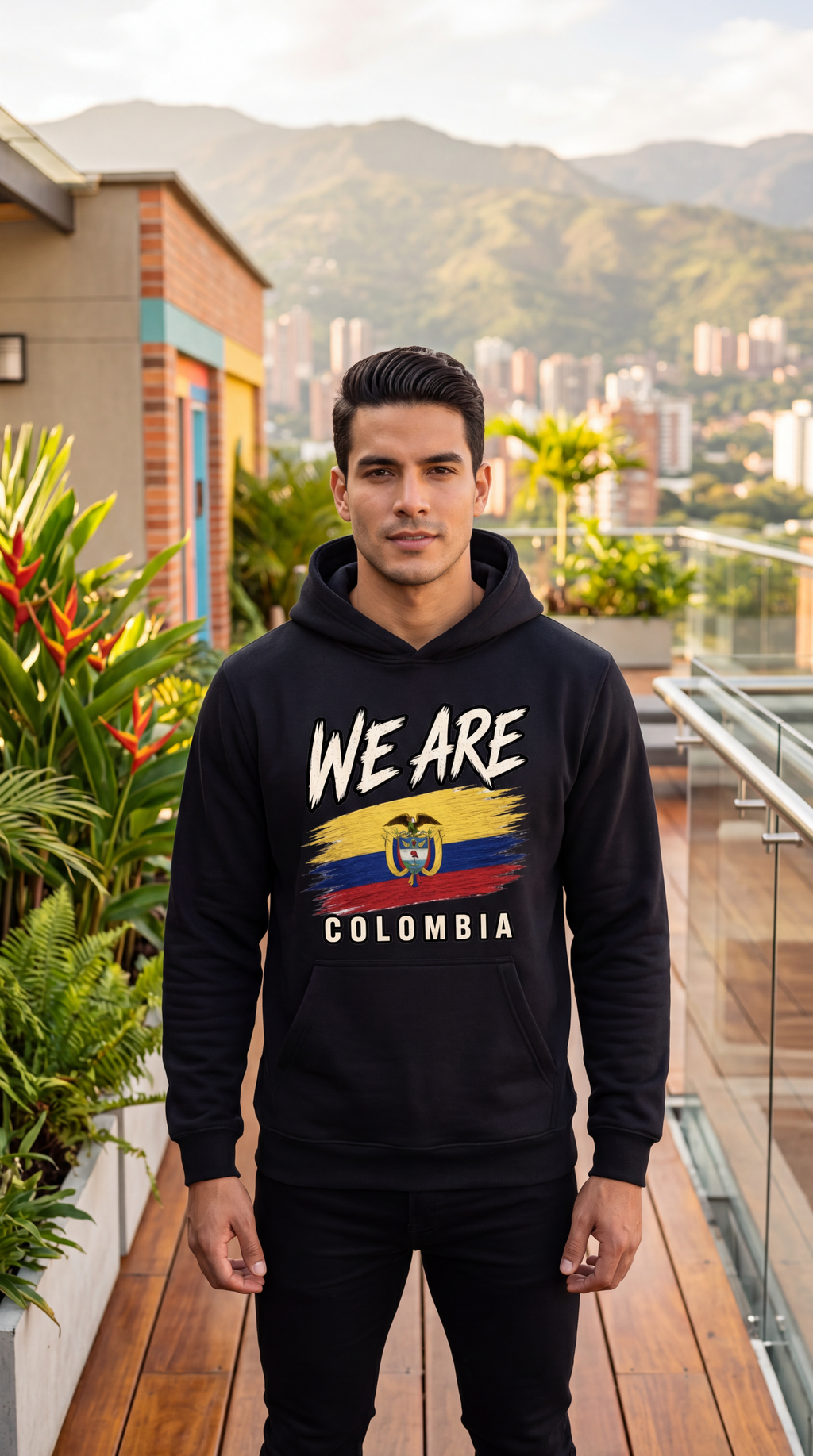 A man wearing a black hoodie with a 'WE ARE COLOMBIA' graphic featuring the Colombian flag stands on a wooden deck with a mountainous cityscape background.