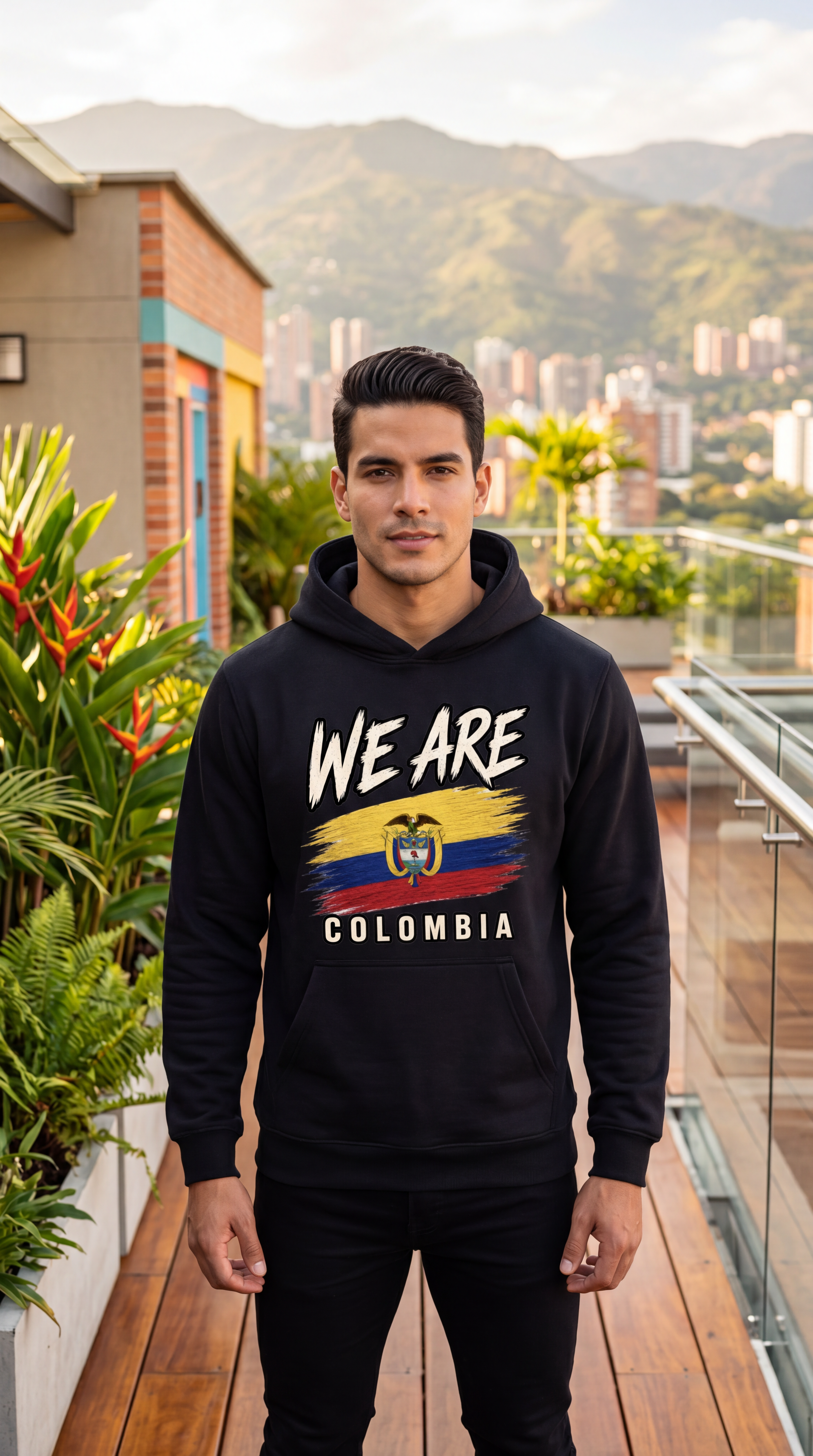 A man wearing a black hoodie with a 'WE ARE COLOMBIA' graphic featuring the Colombian flag stands on a wooden deck with a mountainous cityscape background.