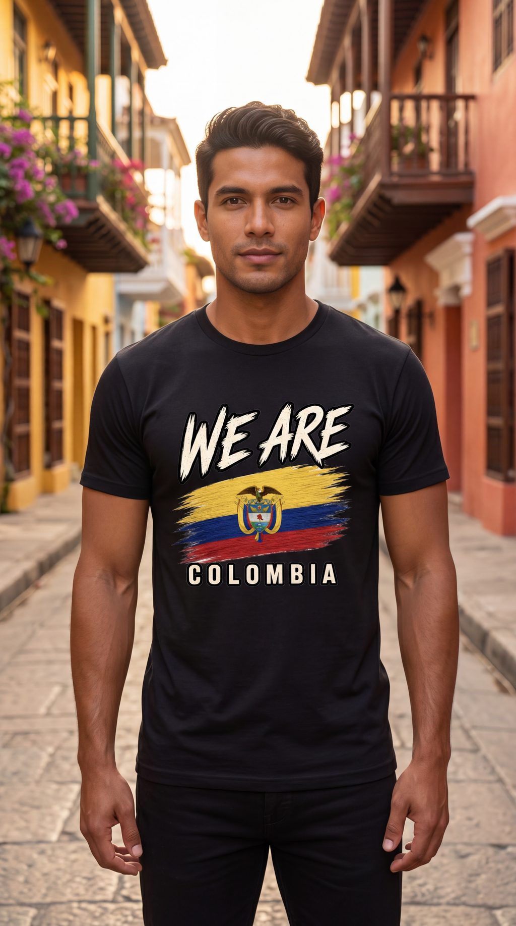 A man wearing a black graphic t-shirt with 'WE ARE COLOMBIA' and the Colombian flag design, standing in a narrow cobblestone street lined with colorful colonial buildings.