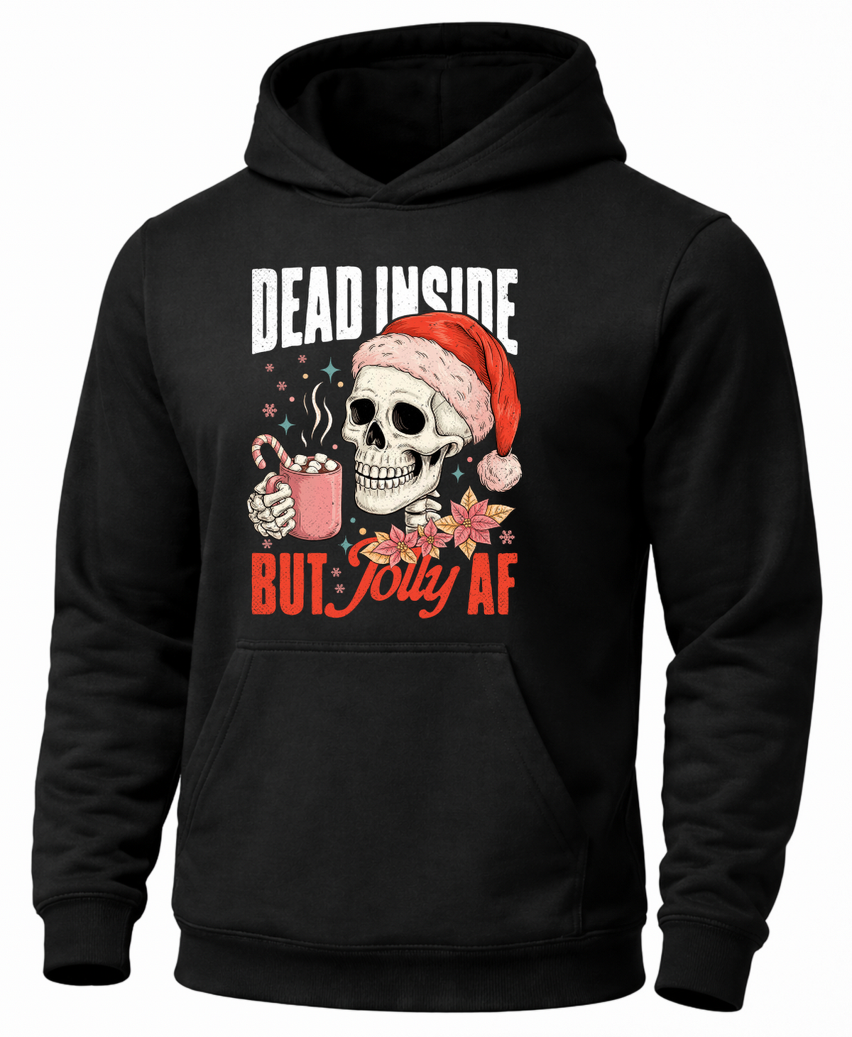 Black Christmas skeleton hoodie with Santa skull and hot cocoa graphic