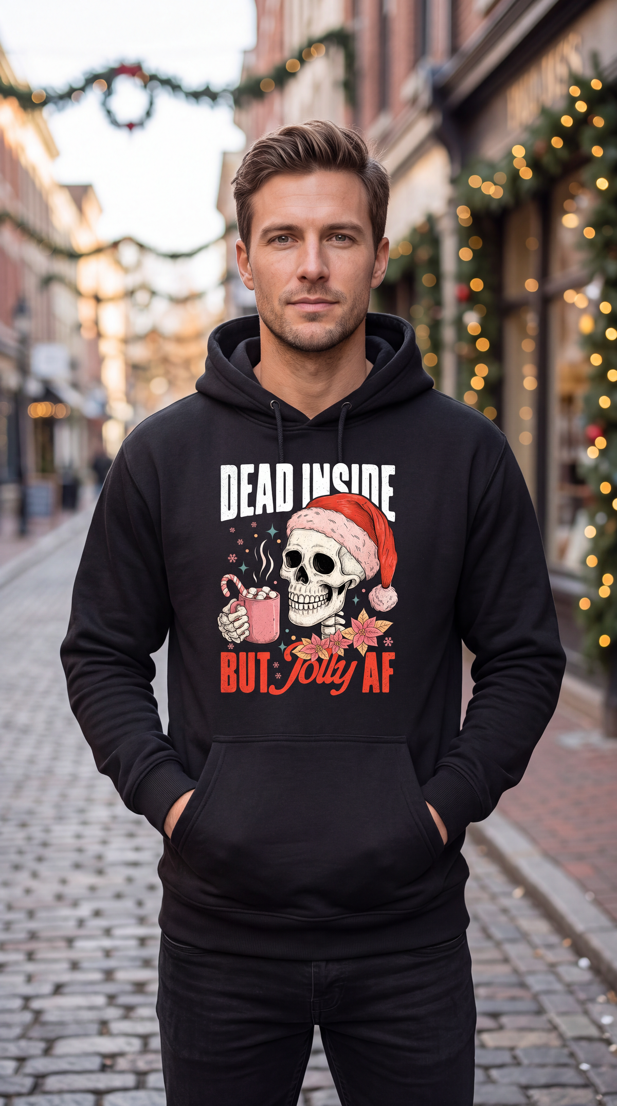 Man wearing black Christmas skeleton hoodie with Dead Inside But Jolly AF design