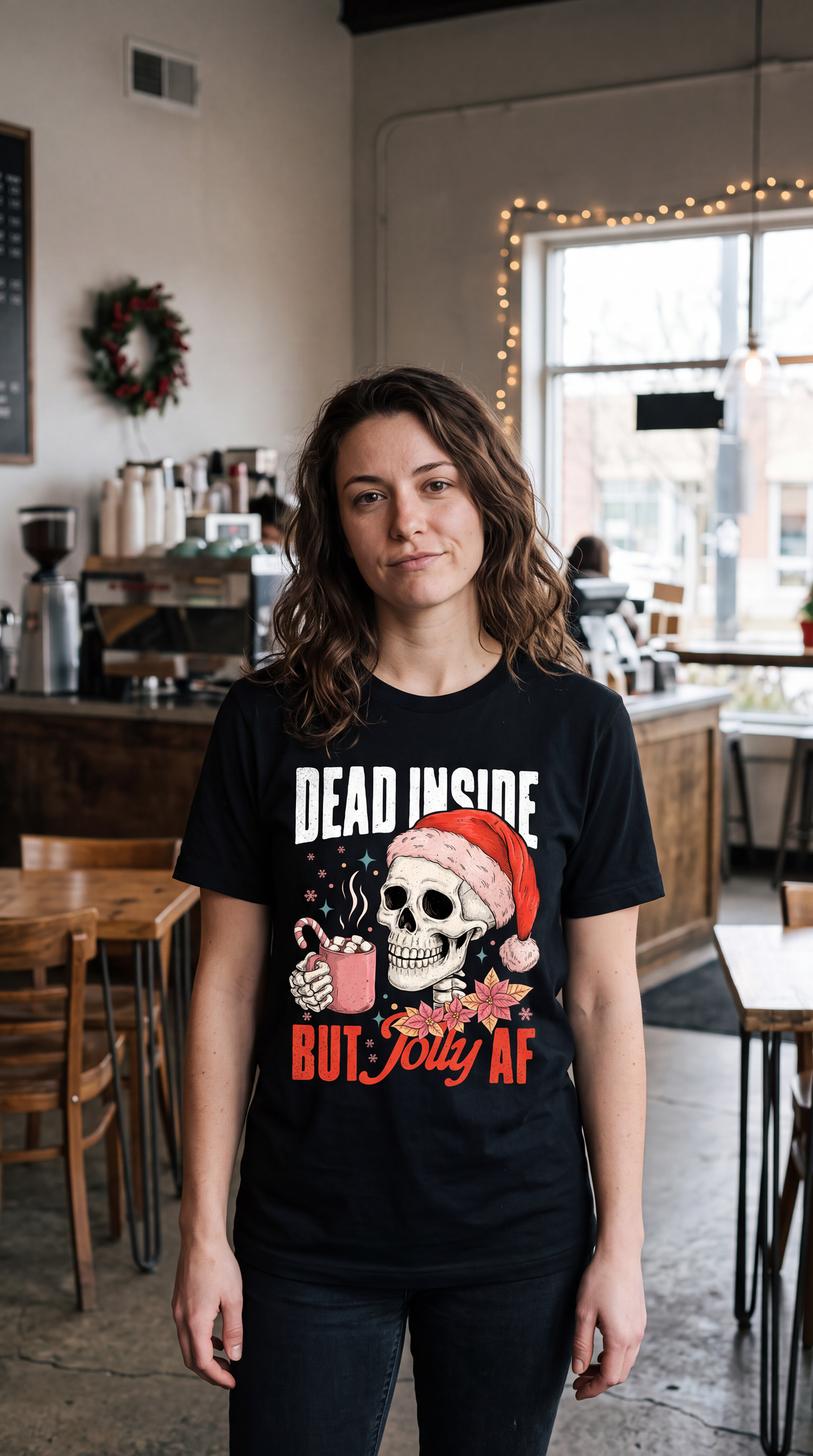 Woman wearing black Dead Inside But Jolly AF Christmas shirt with festive skeleton Santa graphic.