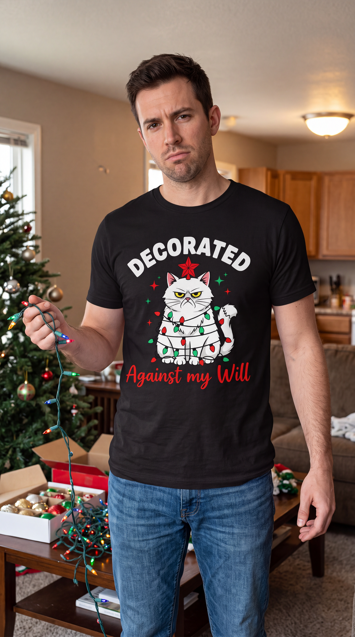 Man wearing black funny cat Christmas shirt featuring the Decorated Against My Will holiday design.