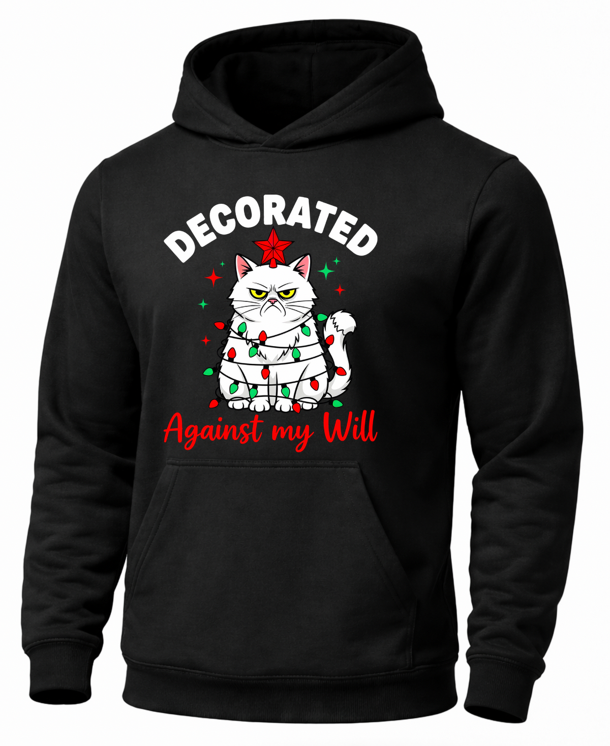 Black cat Christmas hoodie with grumpy cat wrapped in colorful holiday lights