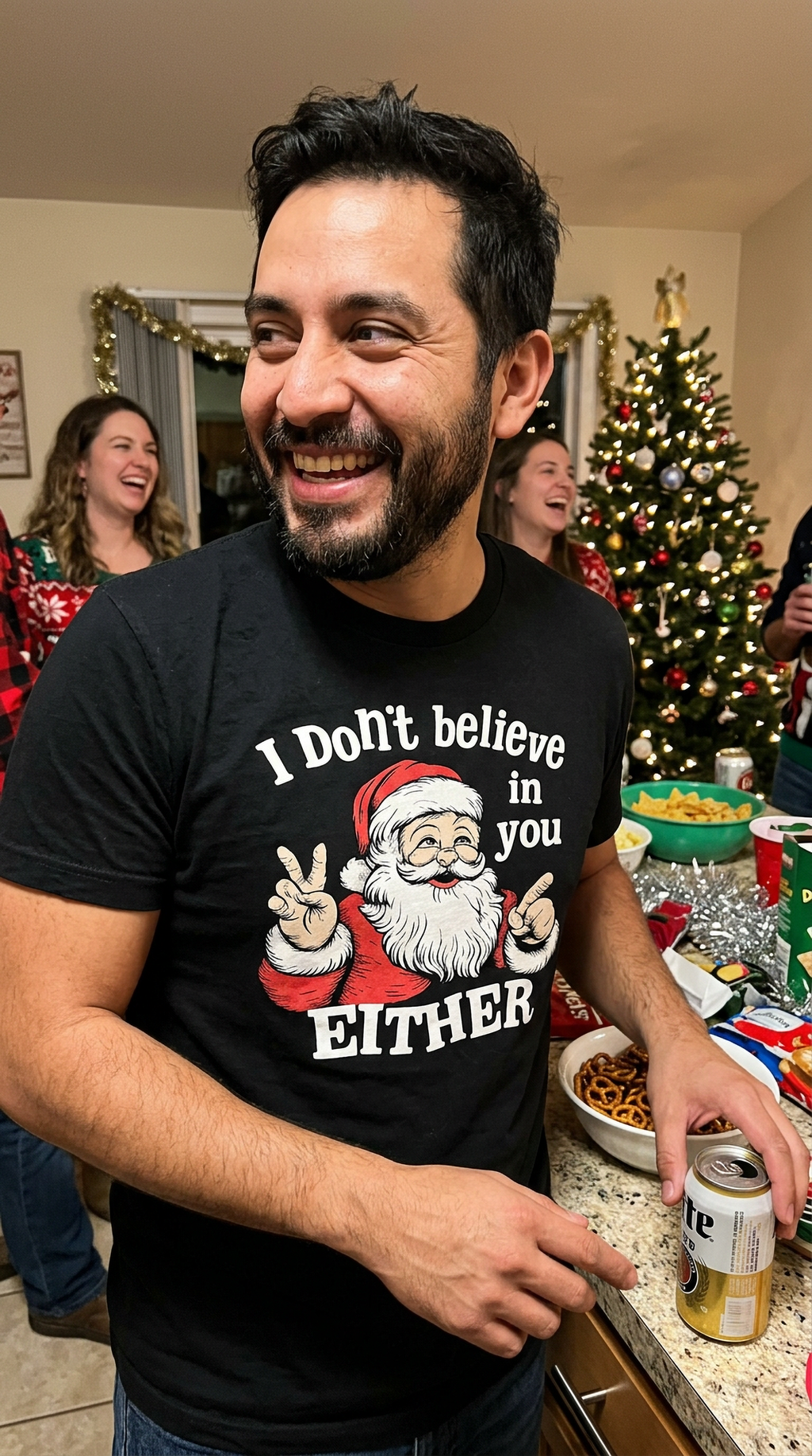 Man wearing a black I Don't Believe in You Either Christmas shirt featuring a sarcastic vintage Santa Claus graphic at a festive holiday party.