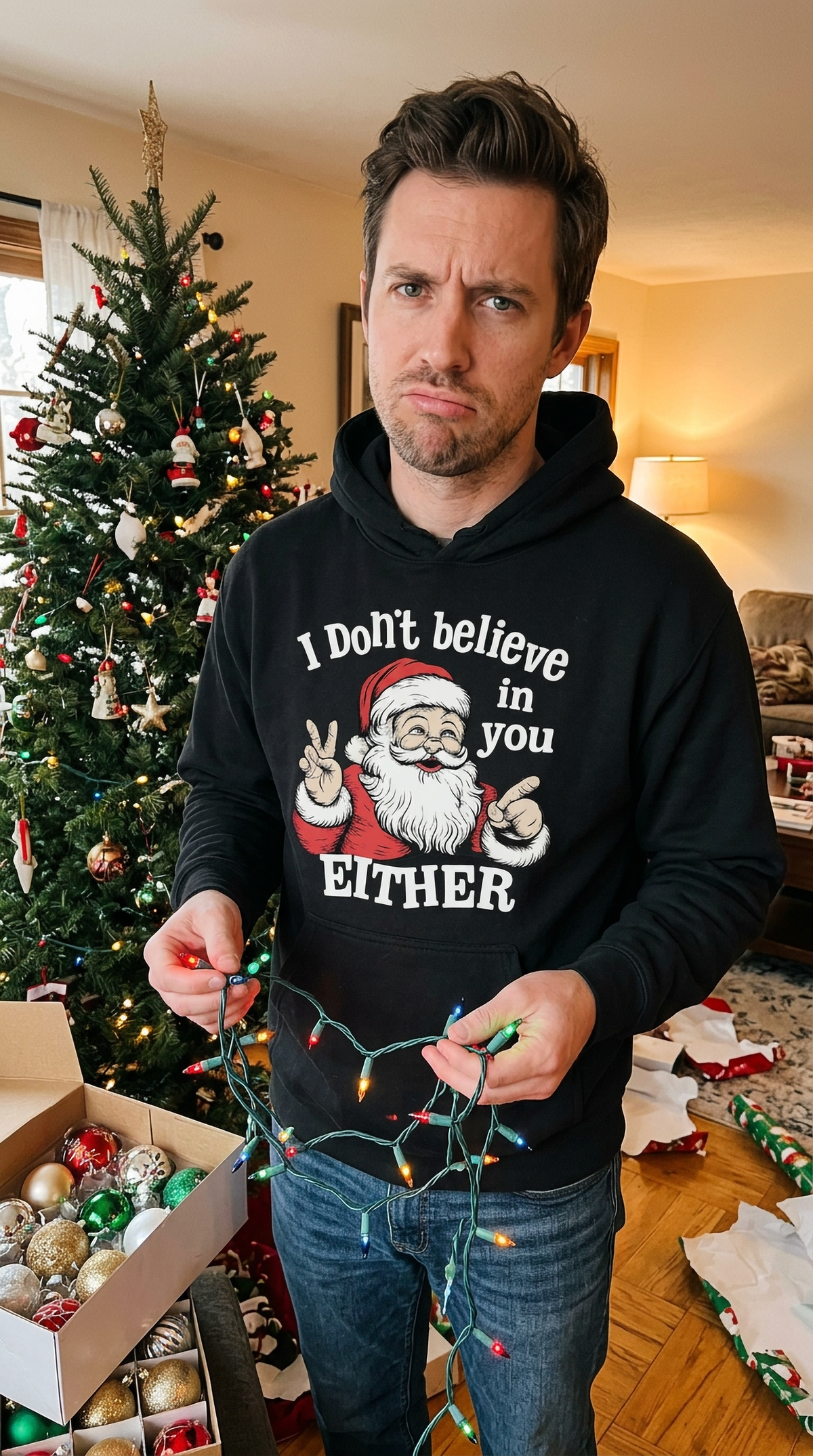 Man wearing black I Don’t Believe in You Either Santa hoodie beside a Christmas tree