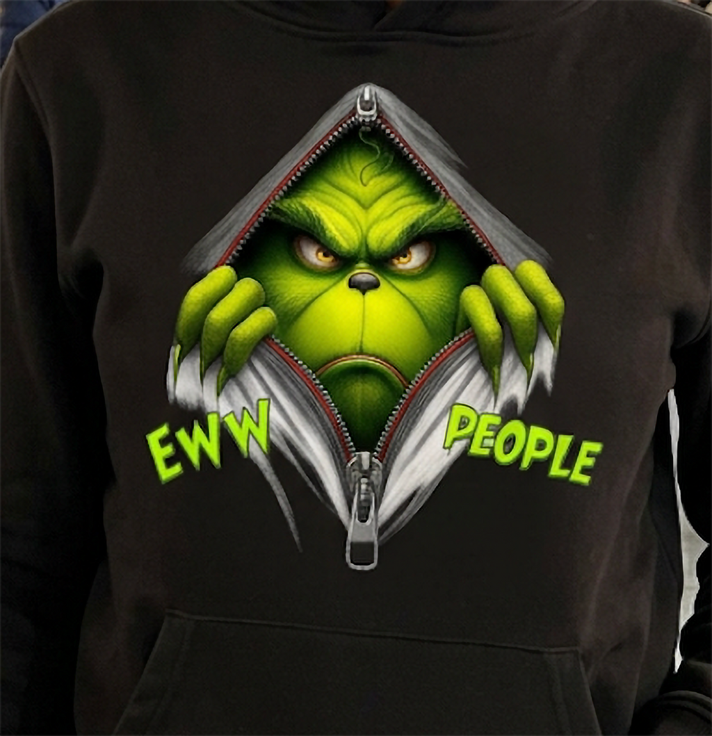 Close-up of Eww People Grinch Christmas graphic on black hoodie