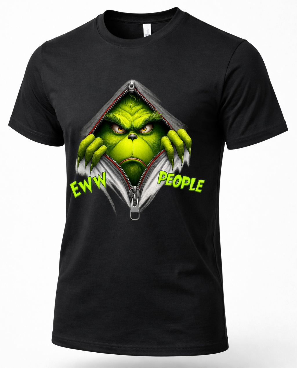 Black Mockup: Black unisex Christmas t-shirt featuring a grumpy green Grinch character peeking through a zipper with Eww People text.