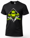 Black Mockup: Black unisex Christmas t-shirt featuring a grumpy green Grinch character peeking through a zipper with Eww People text.