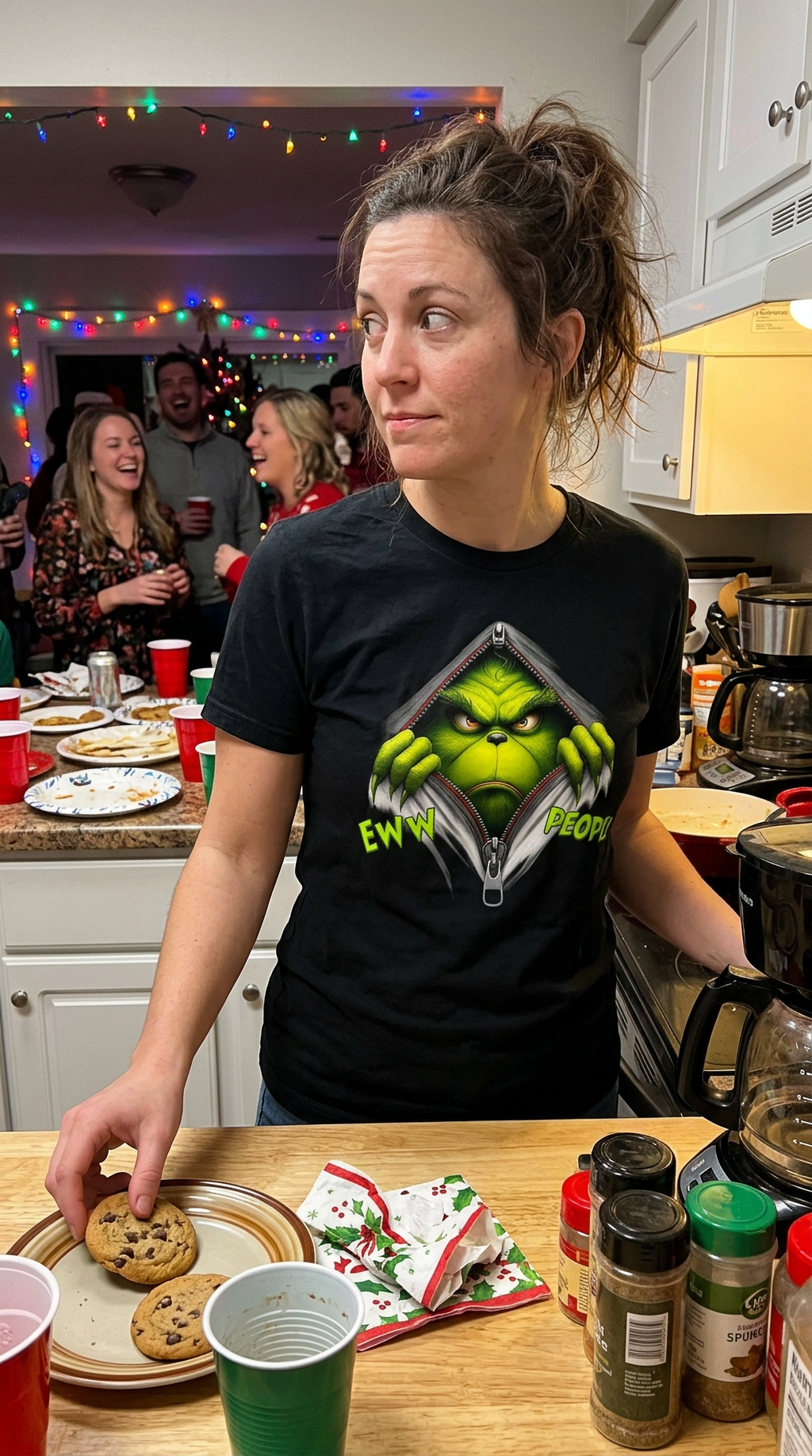 Black Lifestyle: Woman wearing a black Eww People Grinch Christmas graphic t-shirt at a festive holiday gathering.
