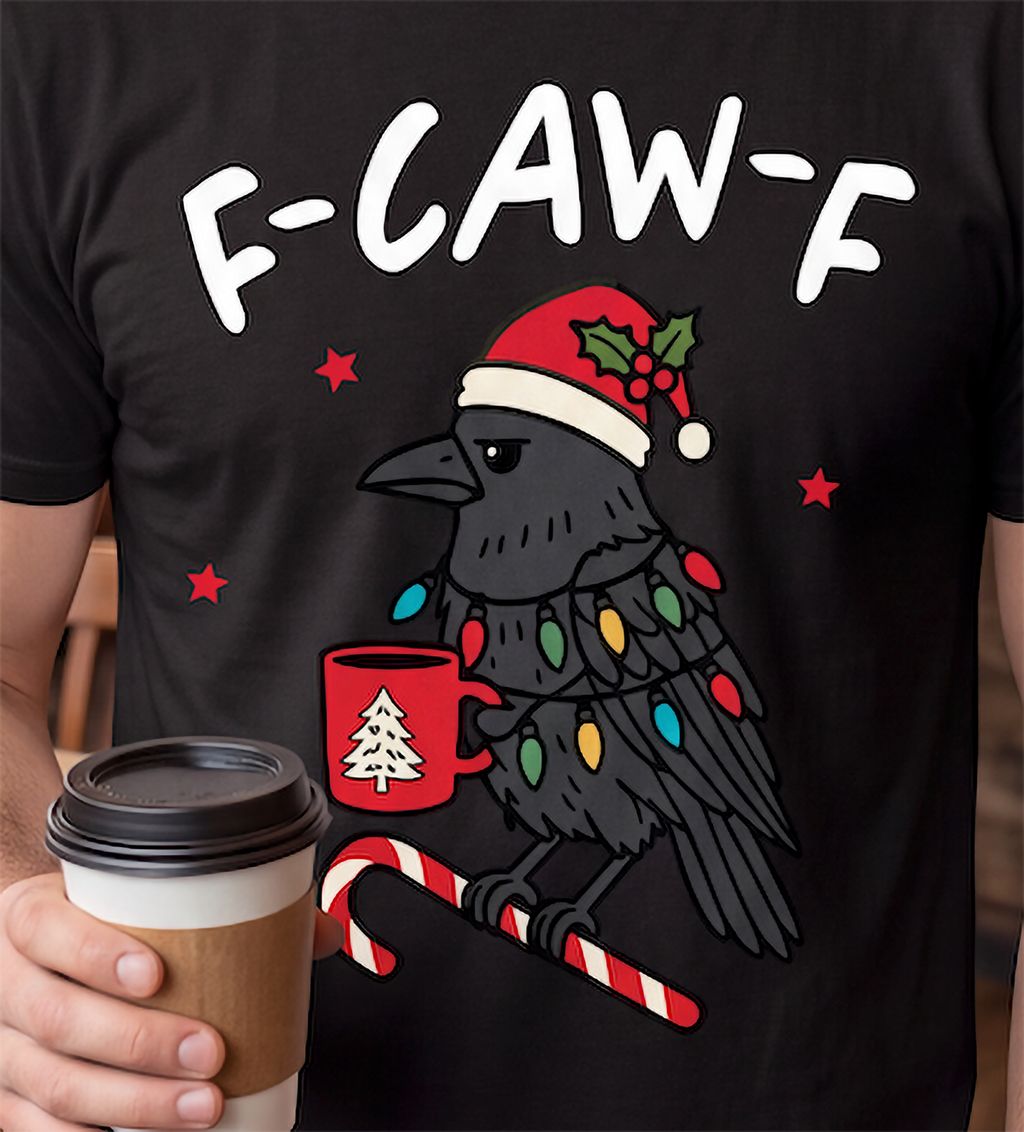 Close-up of F-Caw-F crow Christmas graphic on black shirt