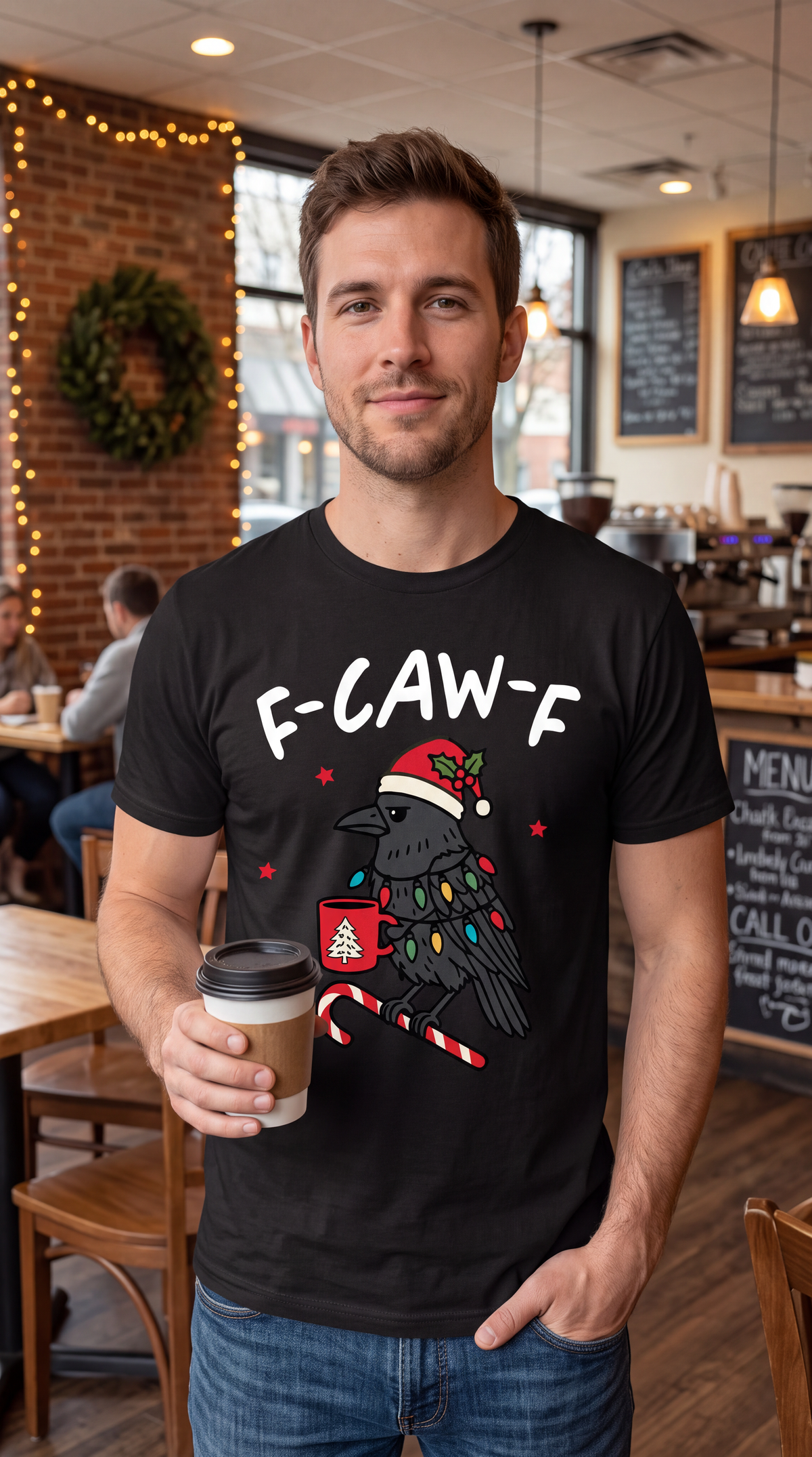 Model wearing black F-Caw-F Christmas shirt with funny crow holiday design