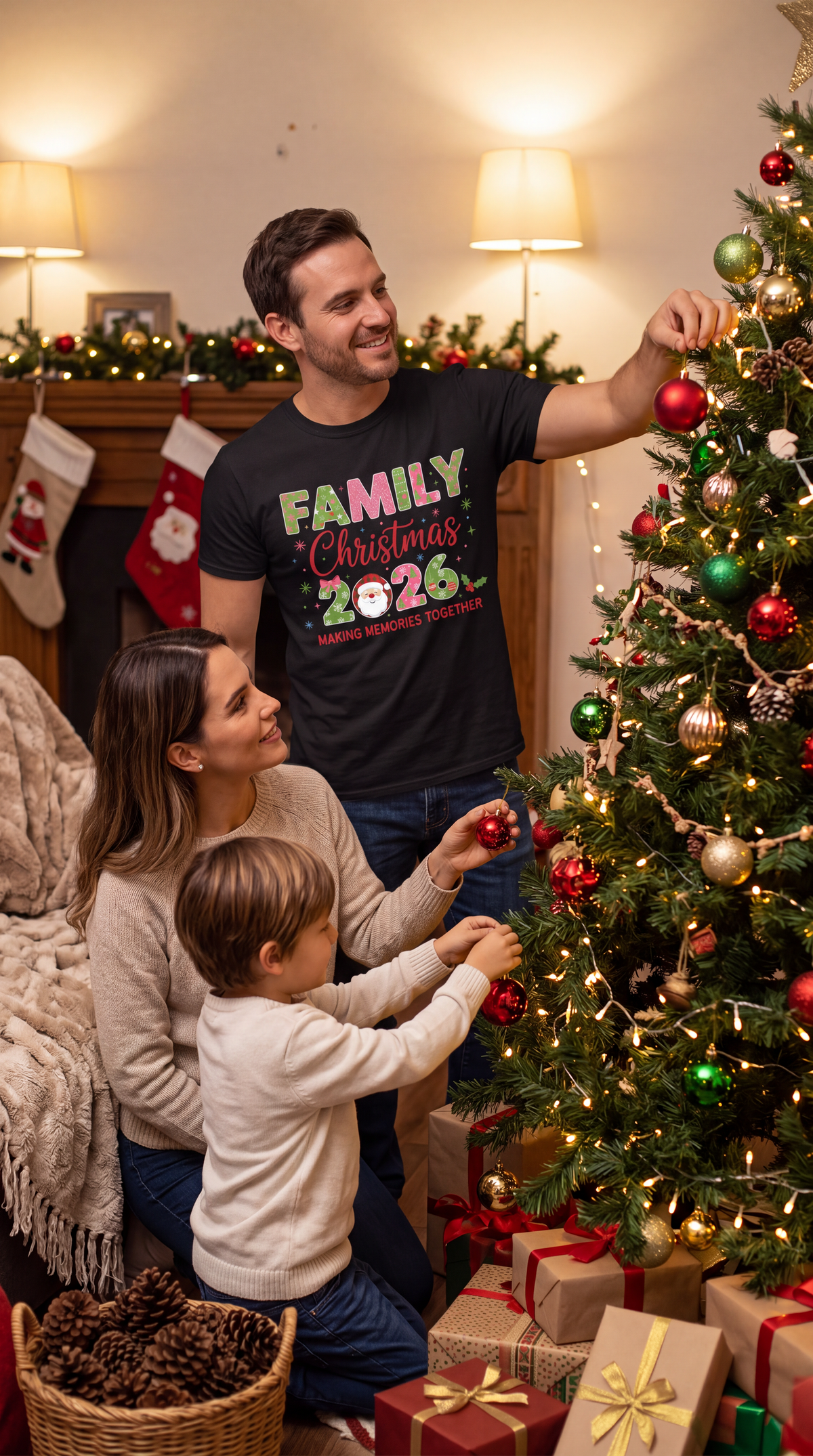 Family celebrating Christmas together with woman wearing black Family Christmas 2026 graphic shirt.