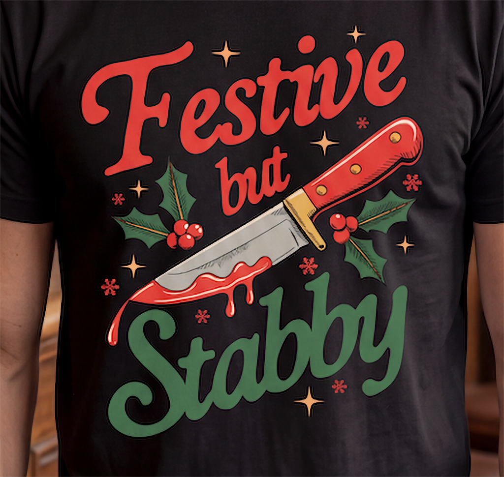 Close-up of Festive But Stabby Christmas knife and holly shirt design